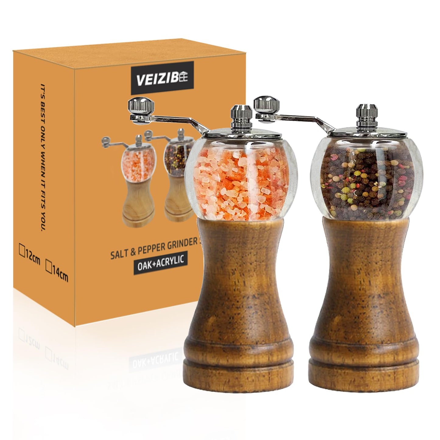 VEIZIBEE Pepper Grinder, Classical Roast Black Manual Pepper Grinder Set, Hand Shake Sea Salt Mill, Retro Style Wood， Acrylic，Ceramic Blades, Enjoy Fresh Pepper Spices (Walnut color 2pcs-6in)
