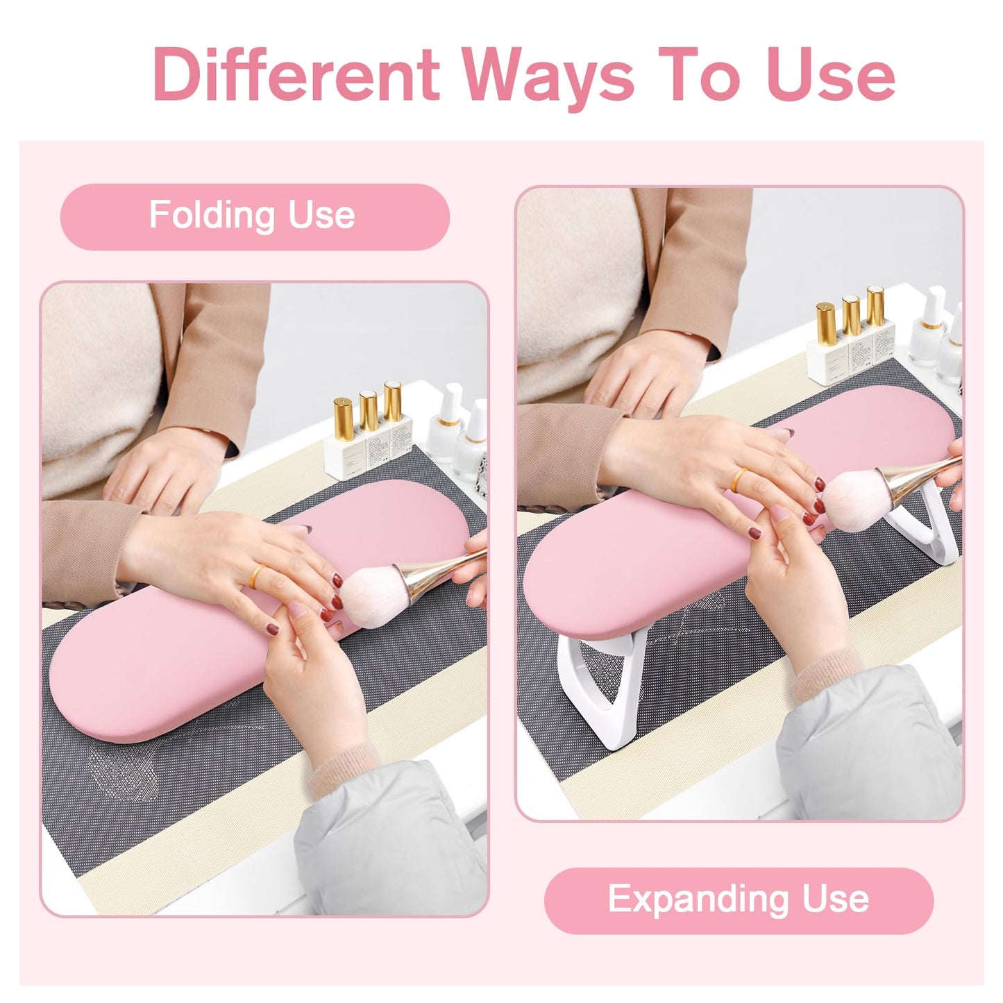 Subay Nail Arm Rest, Foldable PU Leather Manicure Hand Rest for Acrylic Nails Cushion Hand Holder, Nail Arm Rest Pillow Nail Art Tool for Nails Tech Manicure Pedicure Salon Home Use - Pink