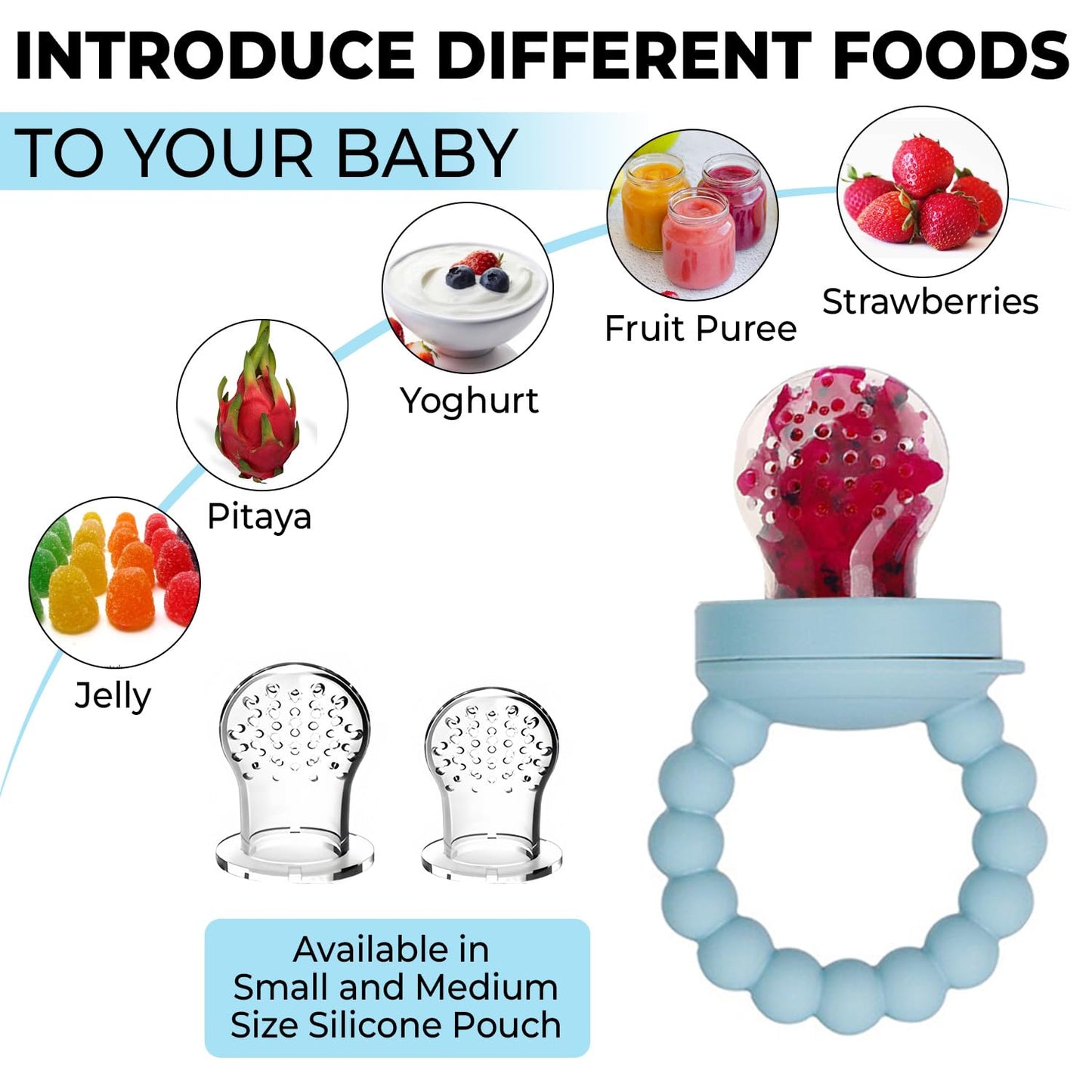 Infant Food Feeder & Silicone Freezer Tray Combo | 2 Size Silicone Baby Fruit Feeders | Weaning Feeder | Teething Relief (Sky)