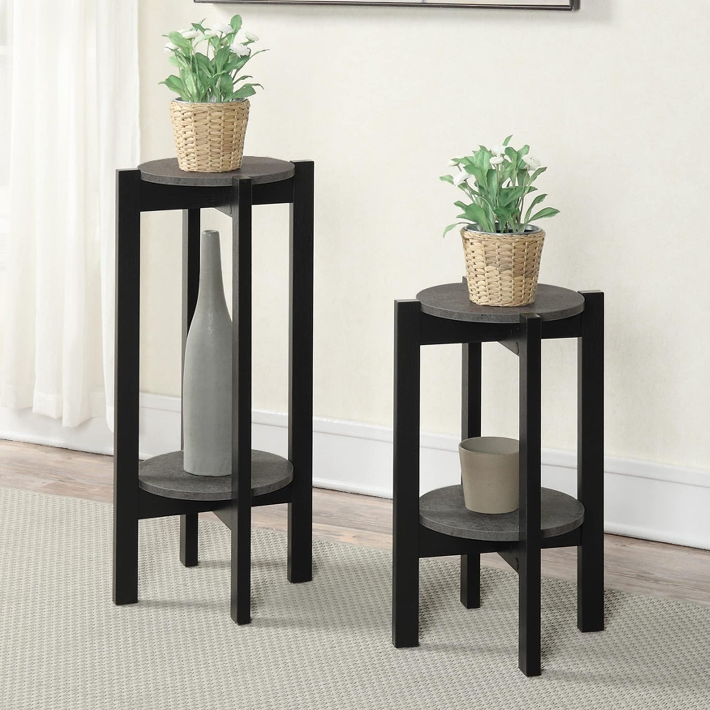 Convenience Concepts Newport Medium Plant Stand, Faux Cement / Black
