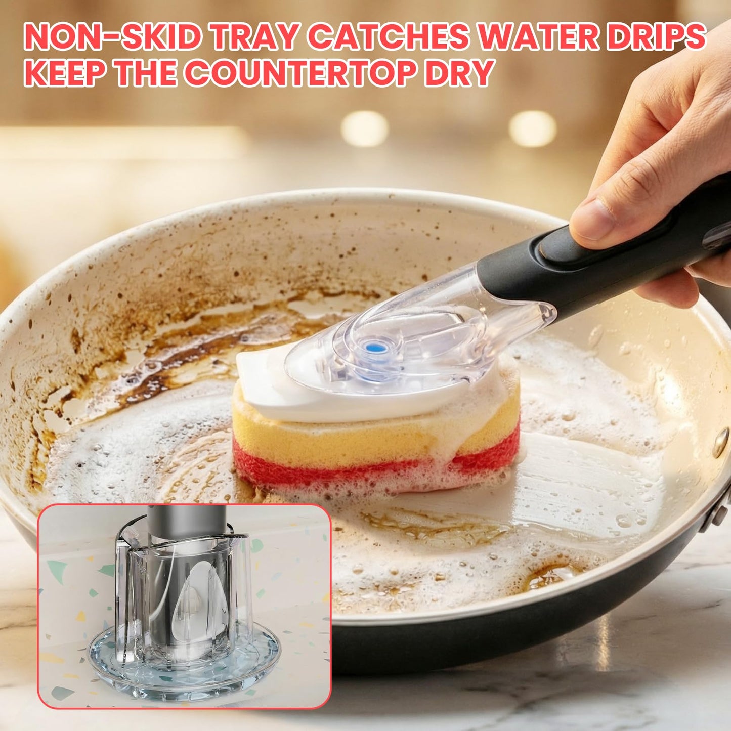 Soap Dispensing Replacement Dish Brush Storage Set with 10 PCS Sponge Refills & Holder - RIMAY Dispenser Scrub Cleaning Scrubber Kitchen Dishwashing Dish Wand Handle for Dishes/Pans/Pots/Sink(Pink)