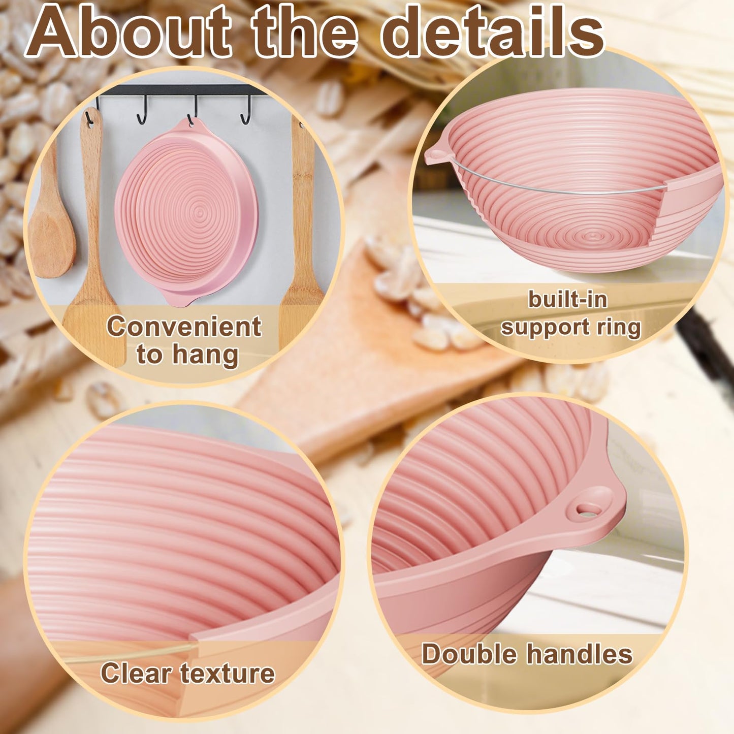 4-Pack Silicone Banneton Bread Proofing Baskets for Sourdough, 9 Inch Round Proofing Bowls with Handles, Built-In Reinforced Rim Support, Foldable, Oven & Dishwasher Safe, BPA Free