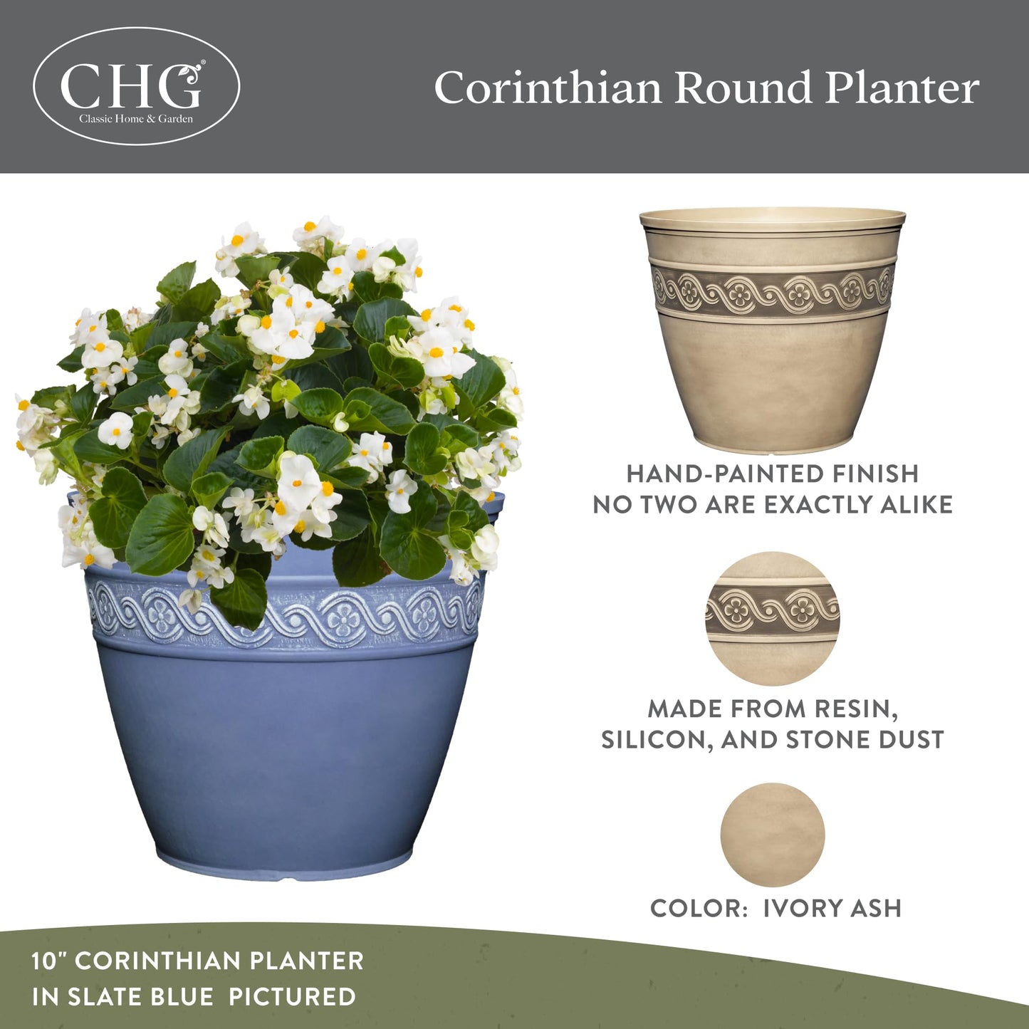 Classic Home and Garden Corinthian Resin Flower Pot Planter, Ivory Ash, 8"