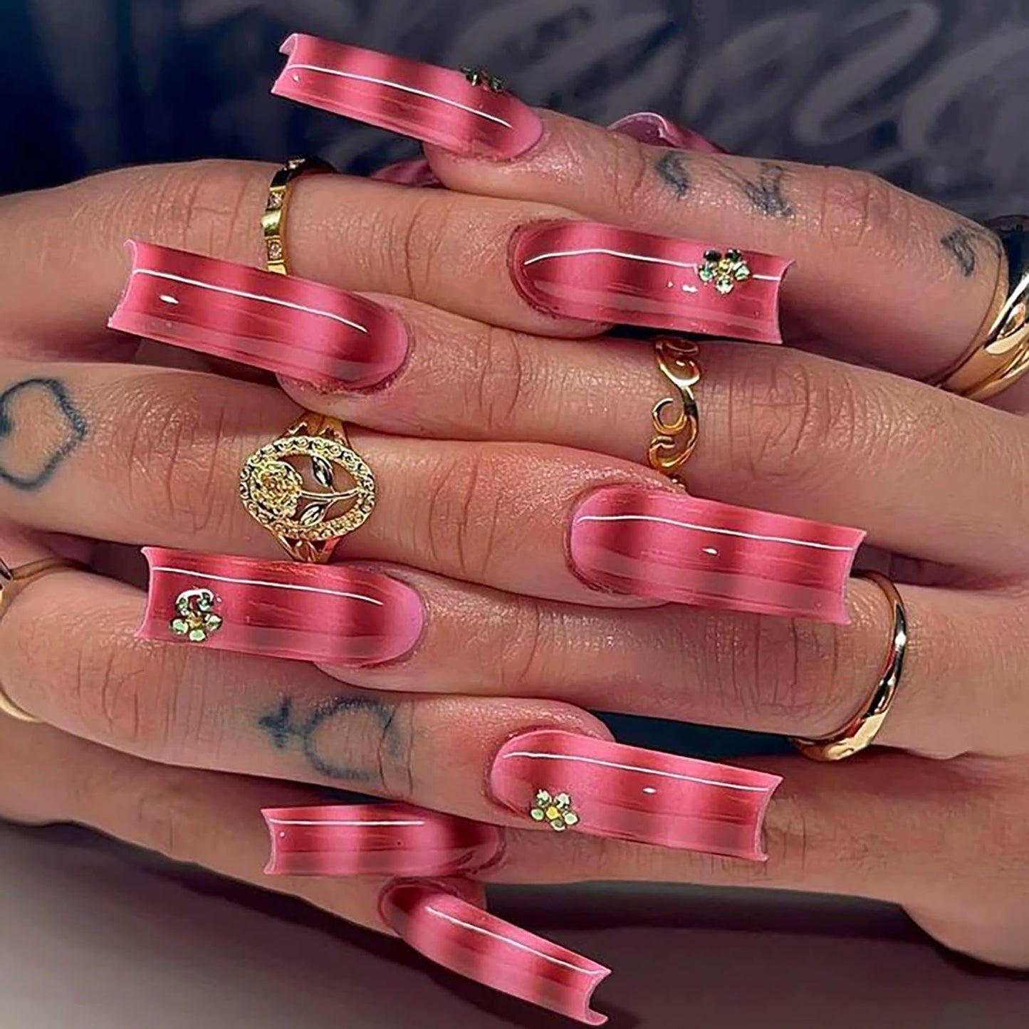 IMSOHOT Long Press on Nails Square Fake Nails Pink Red Ombre Artificial False Nails Full Cover Handmade Acrylic Glossy Nail Supplies for Women 24Pcs