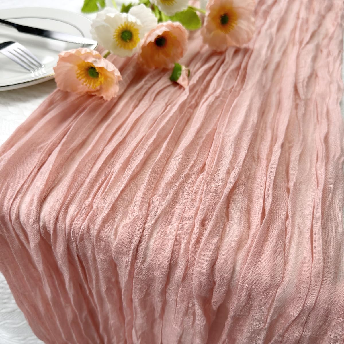 Booque Valley 6 Pack Dusty Pink Cheesecloth Table Runner 10ft Super Soft Boho Wrinkled Gauze Sheer Cloth for Baby Shower Baptism Birthday Party Wedding Centerpiece Table Decoration, 35x120 Inch