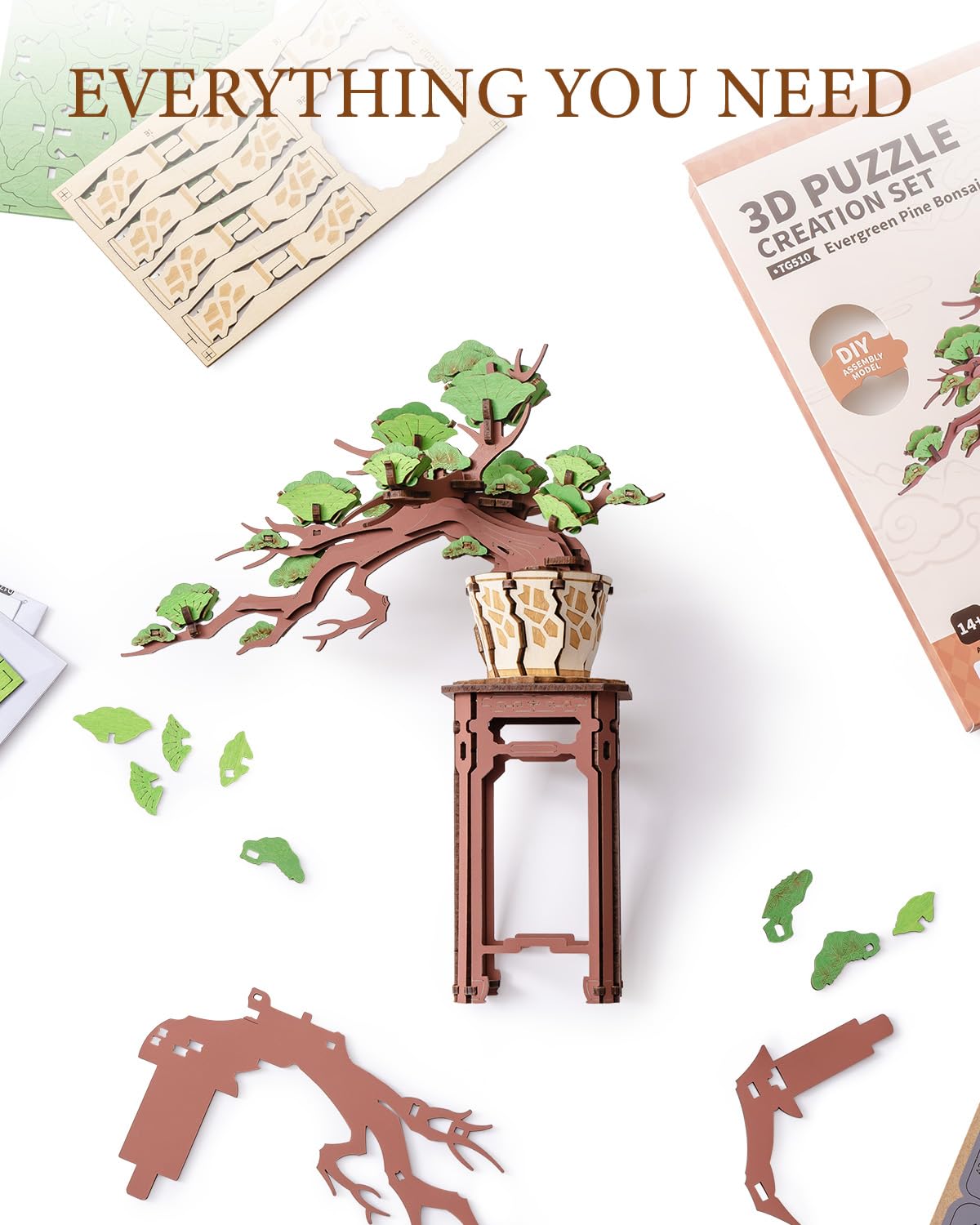 Wowood 3D Wooden Puzzle for Adults - Evergreen Pine Bonsai, DIY Wood Model Kit, Creative Craft Kit, Unique Gift and Home Decor for Nature Lovers (115PCS)