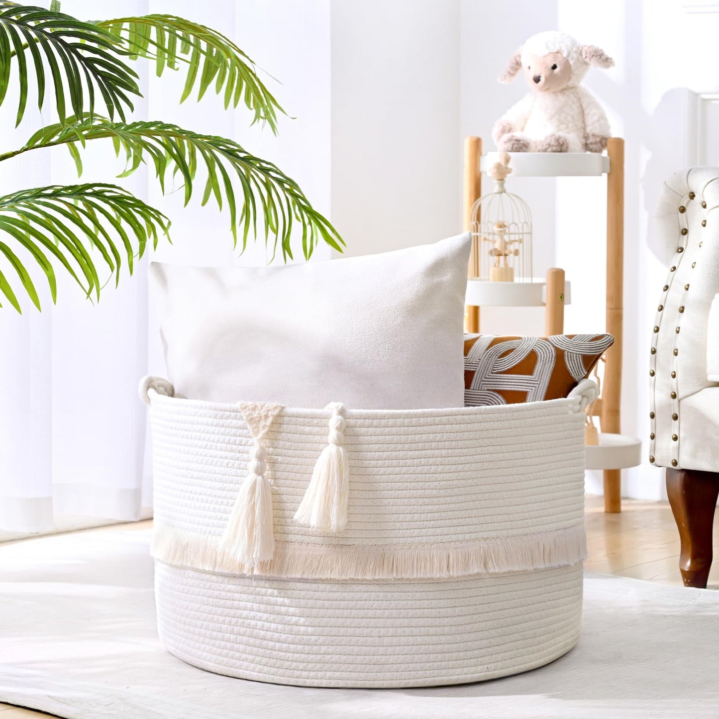 Degeyoyo 67L Large Blanket Basket, 20"x13" Woven Storage Baskets With Handle, Cotton Rope Blanket Basket Living Room, Baby Laundry hamper for Blanket, Nursery, Toy, Pillow (White)