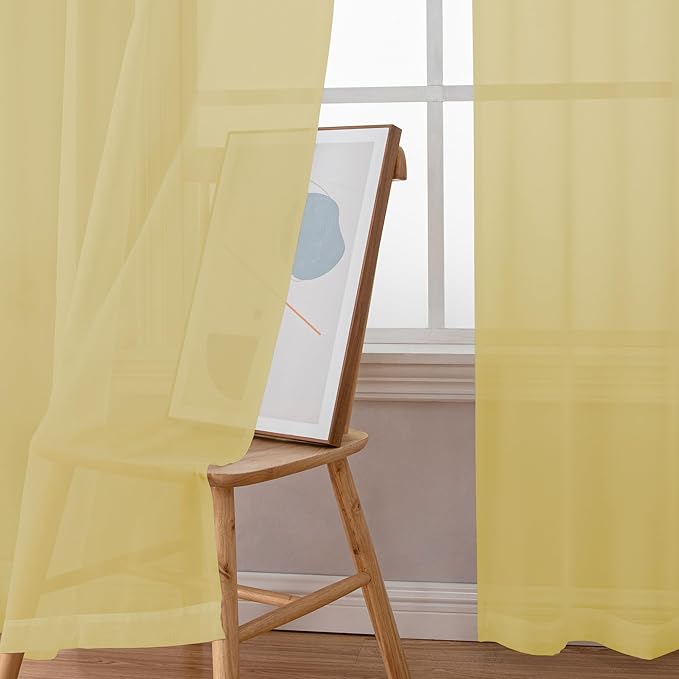 Chyhomenyc Sheer Mustard Yellow Curtains 90 inches Long 2 Panels, Light Filtering Soft Airy Solid Elegant Voile Window Treatment Drapes for Bedroom Living Room Wedding Party Decor, 42 Wx90 L Inches