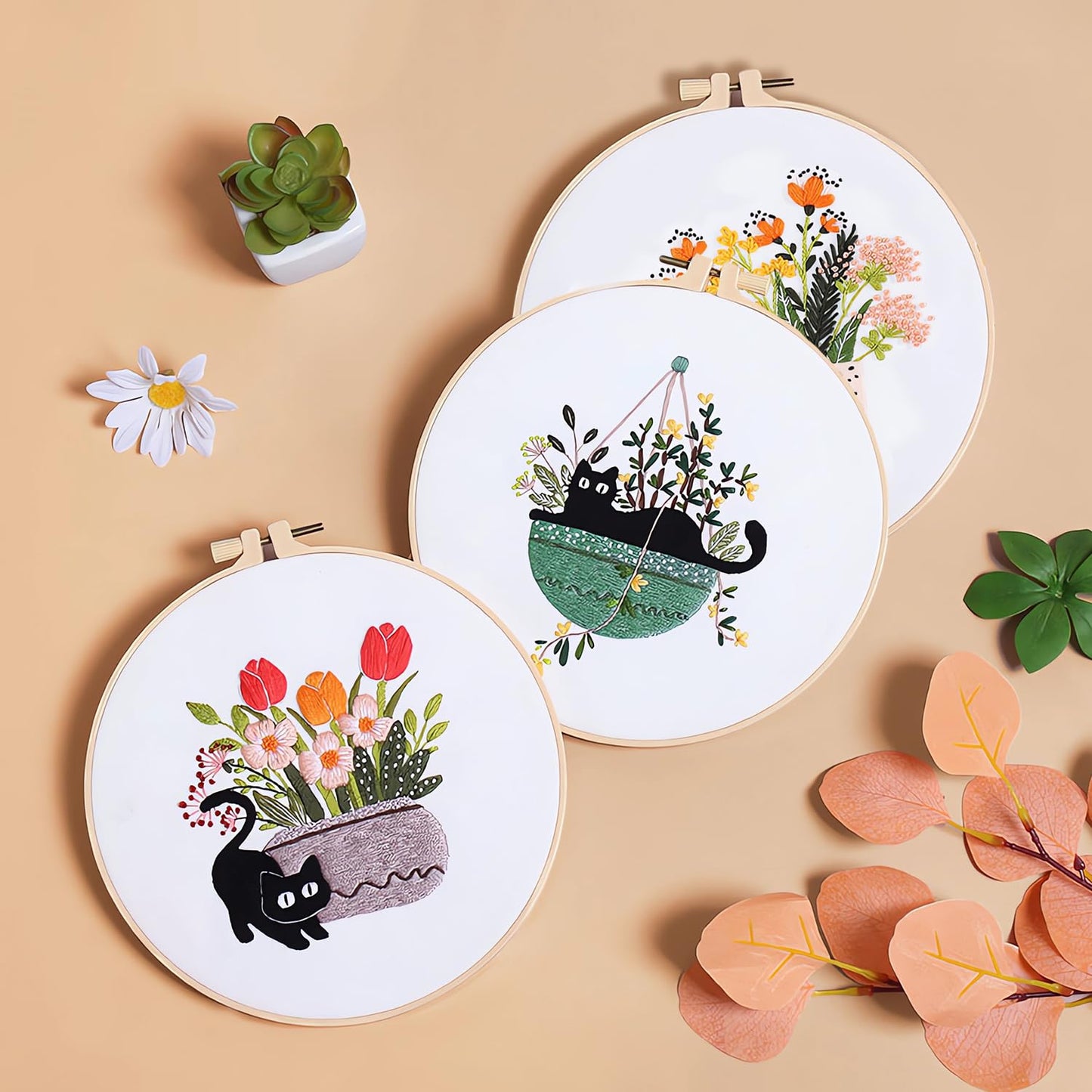 RidaaFri Embroidery Kit for Beginners, Set of 3 Stamped DIY Kits with Cat, Floral, Plant Patterns for Adults, Includes Hoop, Needles, Floss, Step-by-Step Video Tutorial, Complete Sewing Craft Supplies