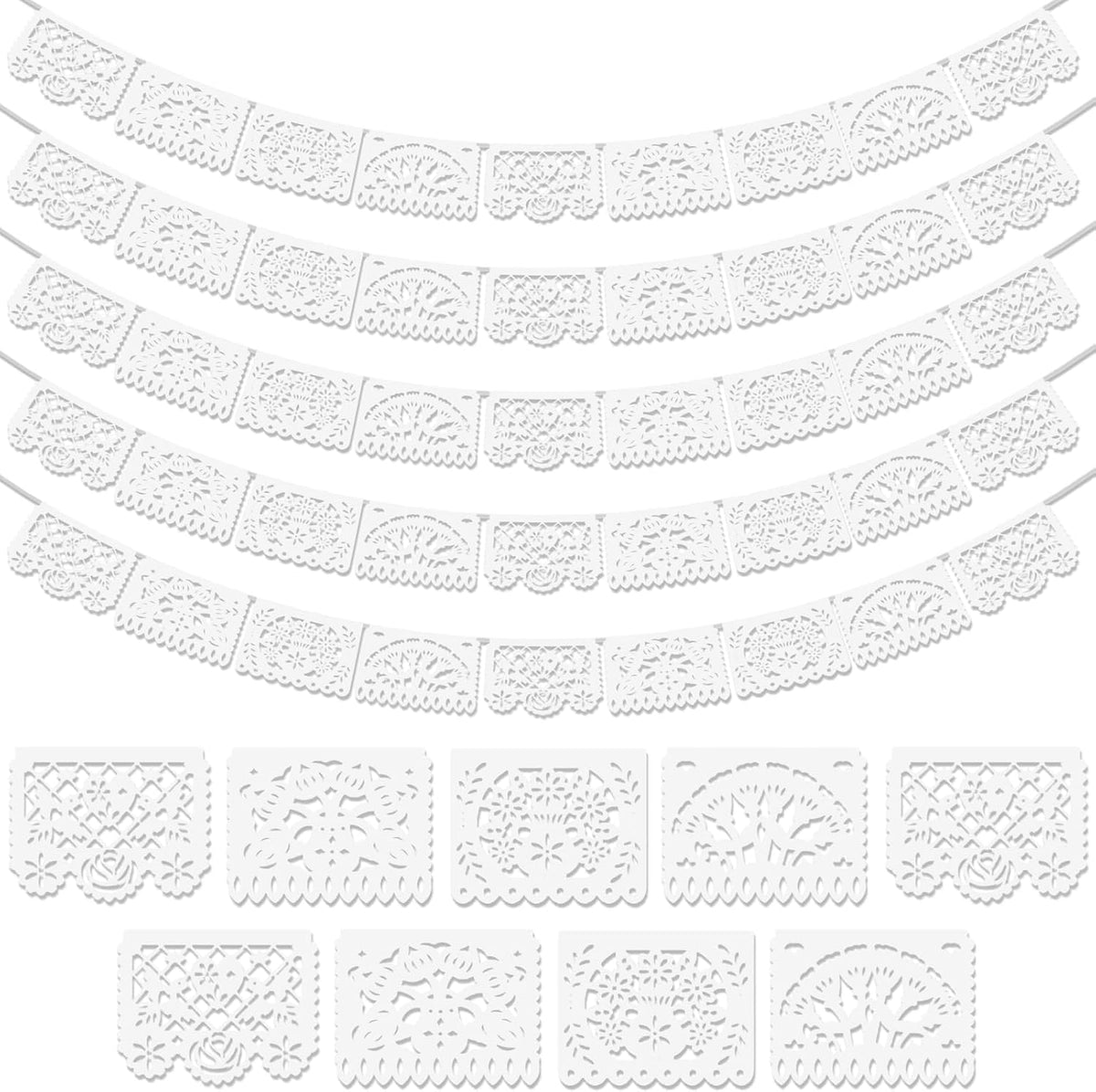 5 Pack White Papel Picado Banner, 90Ft White Mexican Banner for Parties Weddings, Papel Picado Dia De Los Muertos, Cinco De Mayo Decor, Day of The Dead Decorations, Fiesta Party Decoration Supplies