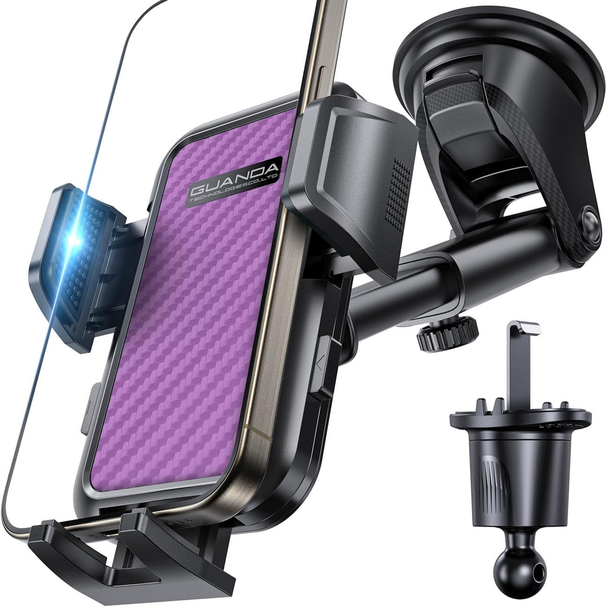 [2025 New] Dashboard Phone Holders for Your Car (+Vent Hook)[Military Grade Stable] Car Cell Phone Holder, Non-Slip Silicone Carbon Fiber Car Phone Mount, Rotatable Suction Cup for All Phone,Purple