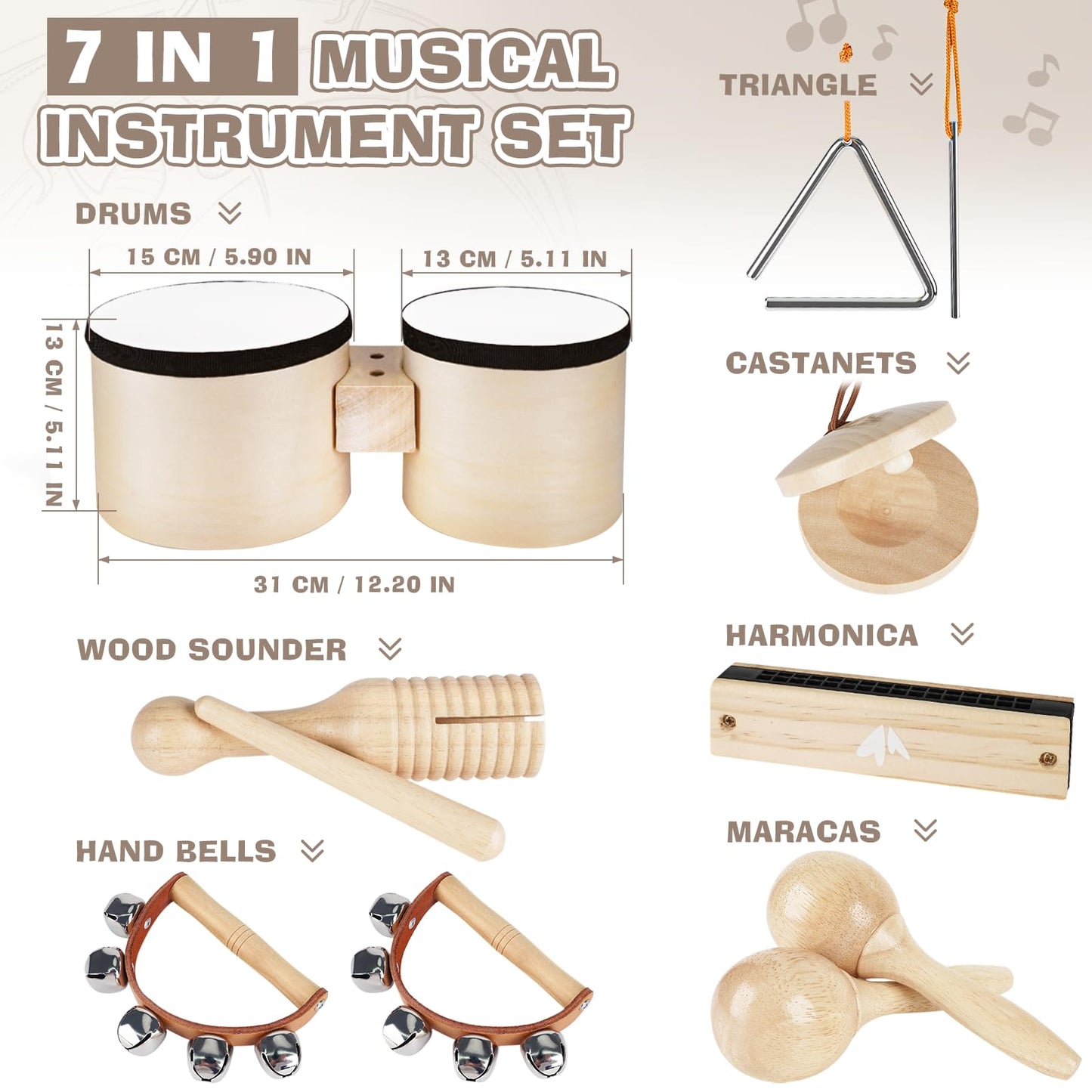 Vanplay Kids Drum Set - Toys for 2 3 Year Old Boy Gifts, Musical Instruments for Toddler 2-4, Birthday Gifts for 3 4 Year Old Girls, Wooden Montessori with Bongo Drum for Kids Age 2 3 4 5 6
