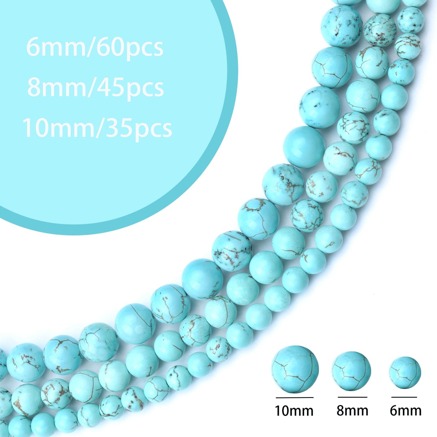 Siomia 60pcs 6mm Natural Blue Turquoise Gemstone Beads Energy Healing Crystal Round Loose Stone Beads for Jewelry Making, DIY Bracelets Necklaces