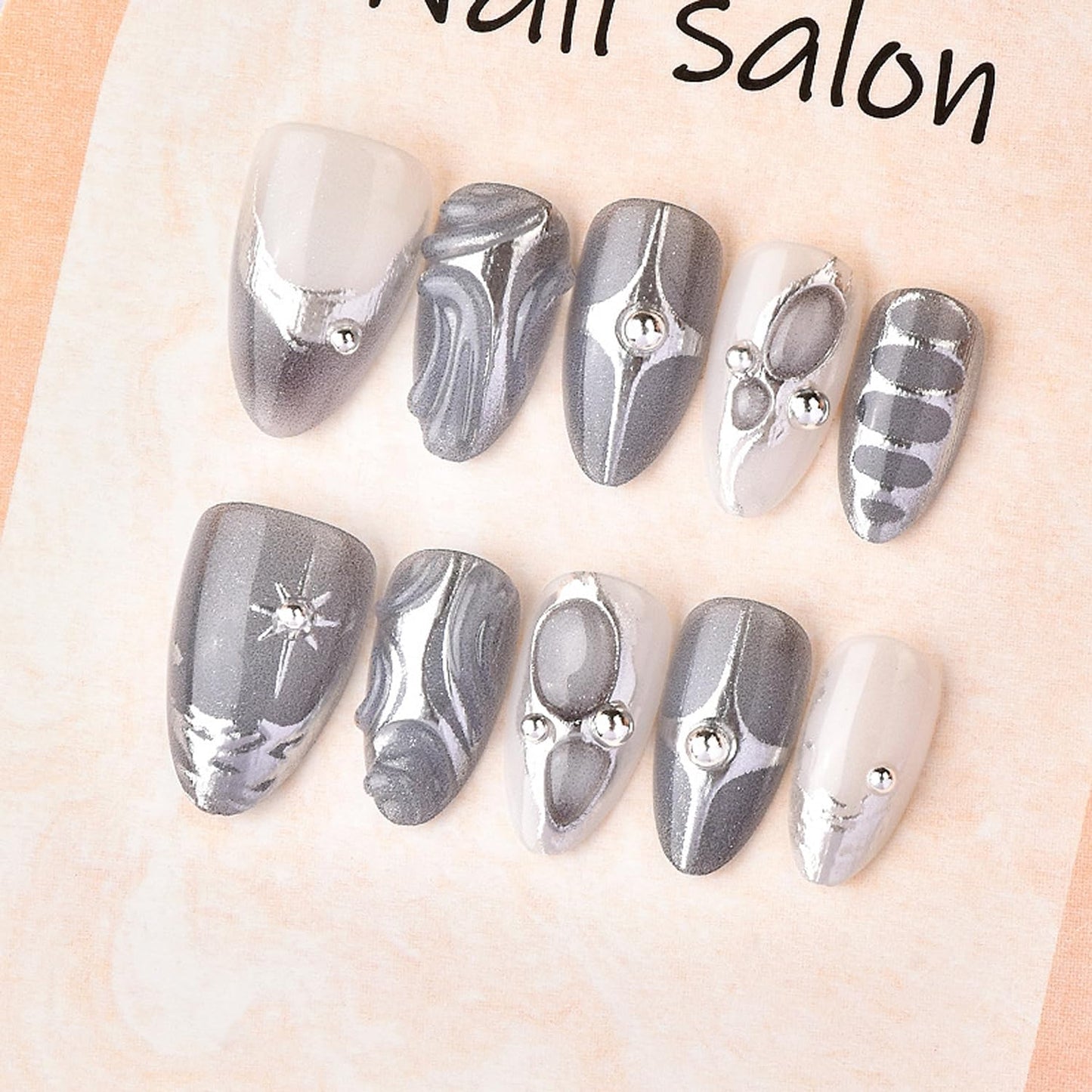30Pcs Silver French Tip Press on Nails Medium Almond Fake Nails with 3D Beads & Silver Star Irregular Designs Dark Grey Acrylic Nail Tips Gothic Full Cover Glue on for Women DIY Manicure Decorations