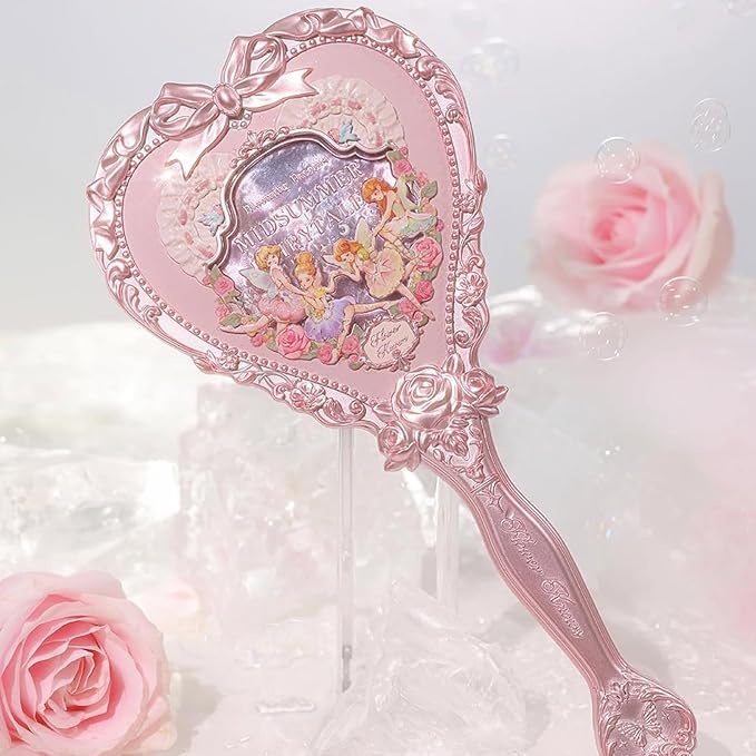 Flower Knows Midsummer Fairytales Hand Mirror,Vintage Heart Handheld Mirror,Fancy & Pretty Princess Handheld Mirror with Long Handle,Gift for Girls & Women(Milky Pink)
