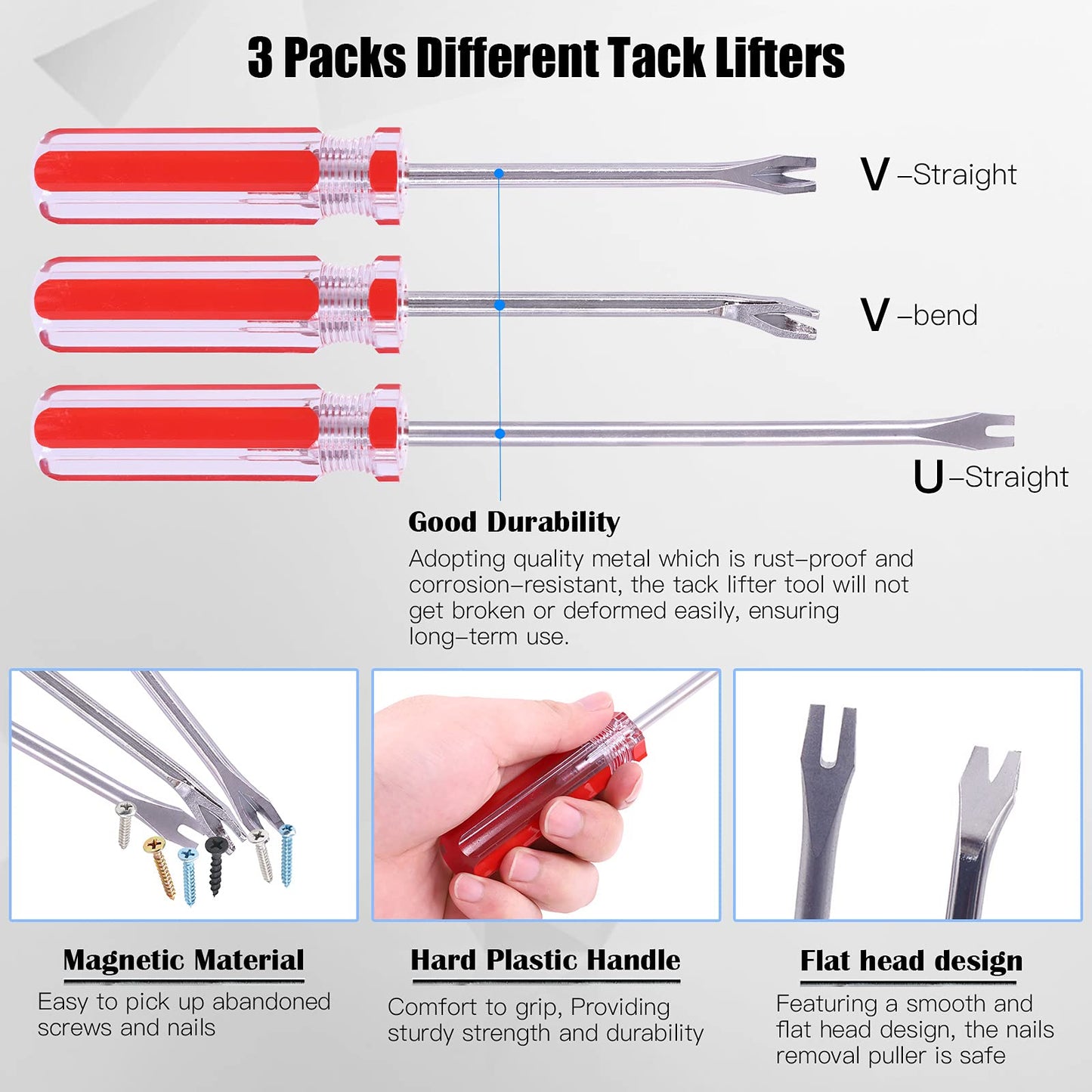 Glarks 4Pcs Nail Pullers Nail Remover Tool Set, Include 7'' End Cutting Plier, 4'' Bendable U Tip and V Tip Tack Puller, 6'' U Tip Tack Lifter for Cutting nails, Remove Nails, Nail Pulling