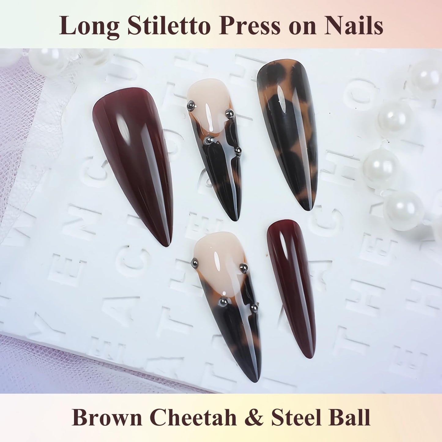 MISUD Press on Nails - Long Stiletto Glue on Nails with Fall Brown, Acrylic Tortoise Design 24 pcs
