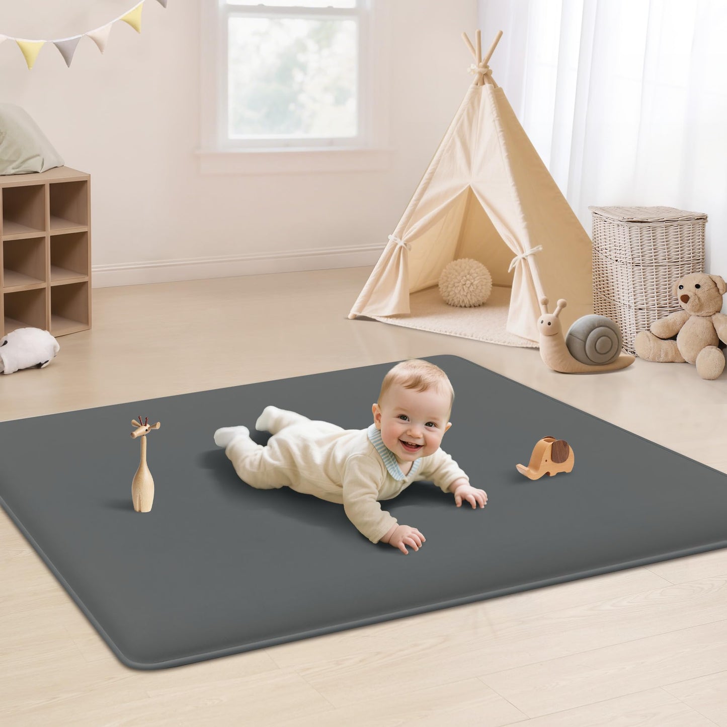 PapaMama 1.3" Thick Baby Play Mat for Floor Playpen, 50x50 Foam Tummy Time Mat, Padded Support Soft Plush Nursery Rug for Infant Kids Toddler Crawling Kick Activity (Dark Grey)