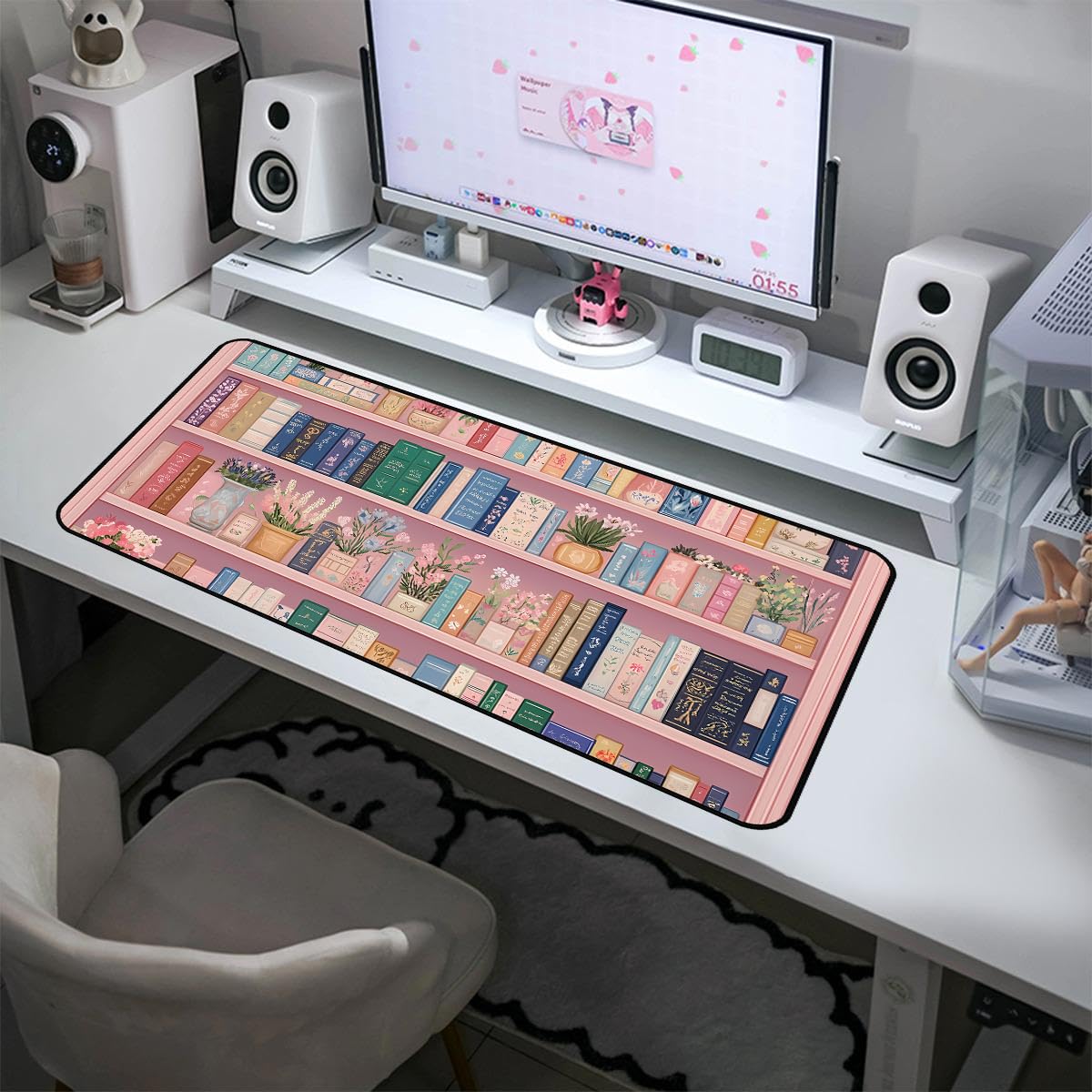 Cute Bookshelf Deskmat, Pink Desk Pad Mousepad XXL, Game Pad, Large Office Desk Keyboard Mat, Anti Slip Rubber Base and Sewn Edge Mouse Mat, Beautiful Reading Space Desktop Decor 31.5"X15.7"