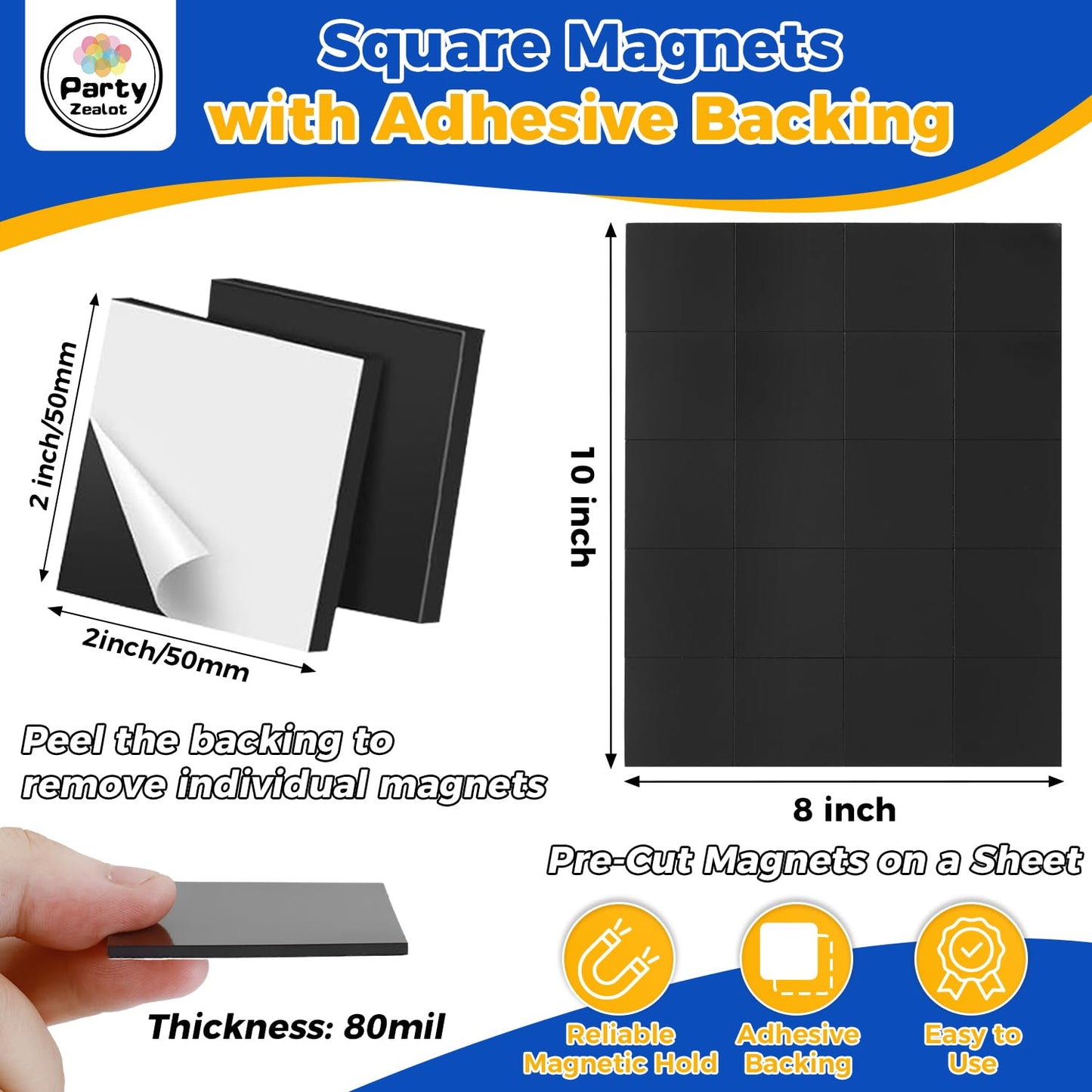 Party Zealot 120 Pcs 2 Inch Square Magnets with Adhesive Backing, 80 mil Magnetic Squares Sheets, Precut Sticky Magnets for DIY Crafts Projects Whiteboard Fridge, Organization, Magnetic Strips