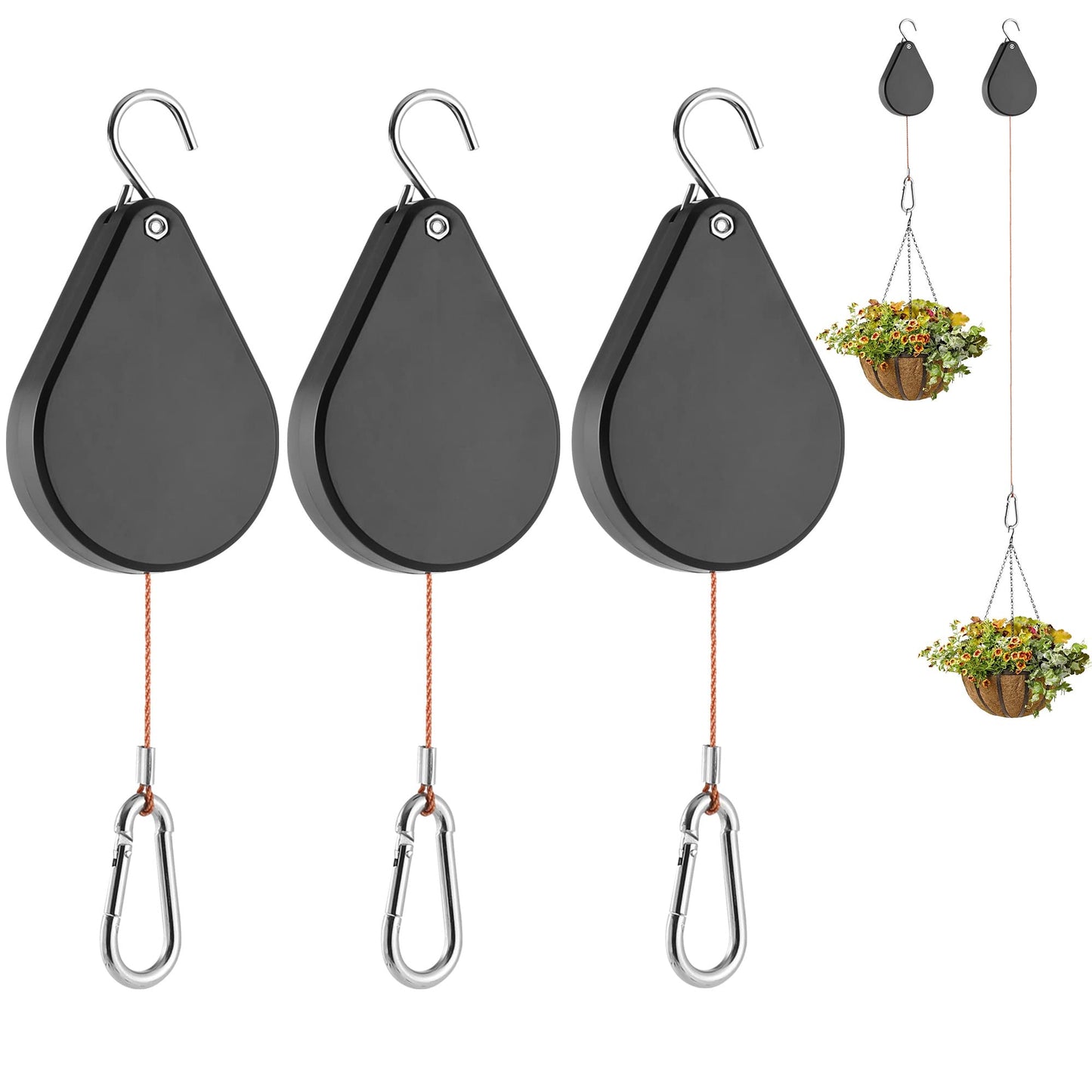 WROSWT Upgraded Retractable Plant Hanger,Plant Pulleys for Hanging Plants,Easy to Raise and Lower,Auto Lock,Heavy Duty, Adjustable Hook for Garden Baskets Pots,Birds Feeder,(3Pcs,Black)