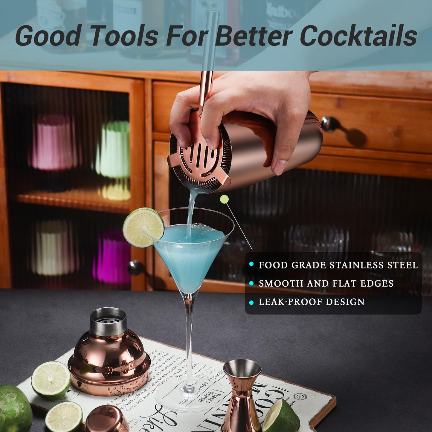 Cocktail Shaker Set Bartender Kit with Stand, 12 Piece Bar Set Drink Mixer Set with Stainless Steel Bar Accessories Tools: 25oz Martini Shaker Jigger Strainer Spoon Muddler for Cocktails (Rose Gold)