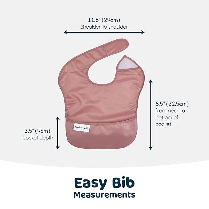 Tiny Twinkle Mess-Proof Baby Bibs for Eating | Waterproof, Wipeable Toddler Bibs with Catch-All Pocket | Feeding Bibs for Girls & Boys(3 Pack,Taupe, Rose)
