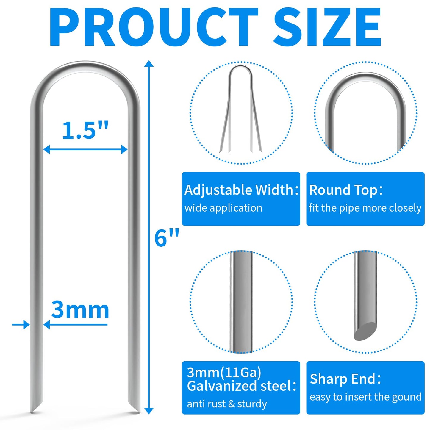 MySit 6 Inch 100 Pack U Shaped Garden Stakes, Heavy Duty 11 Gauge Galvanized Drip Irrigation Stakes Landscape Staples for 1/2" to 1-1/2" Soaker Hose, Weed Barrier, Yard Decorations, Fencing