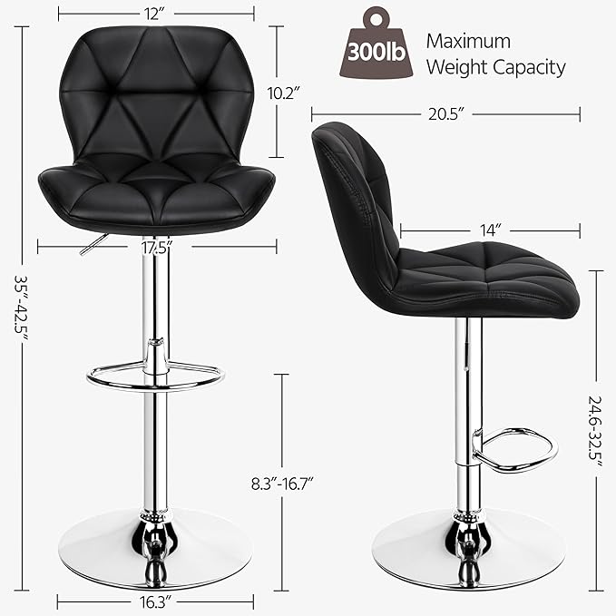 Yaheetech Bar Stools Set of 4, Adjustable PU Leather Swivel Barstools, Modern Counter Stools with Back and Footrest, Counter Height Barstools for Bar, Kitchen, Dining Room, Black