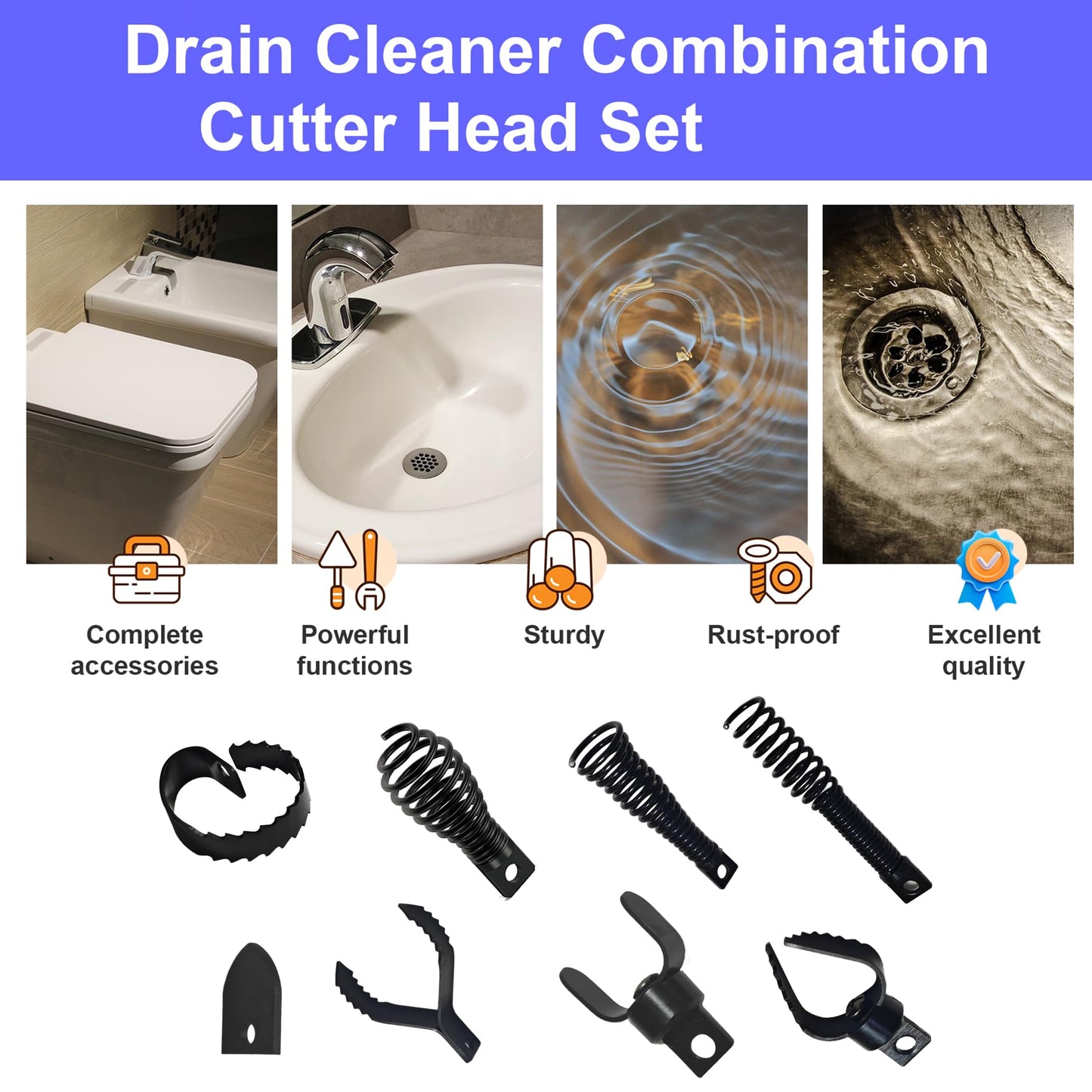 9 PCS Drain Snake Drill Attachment,Drain Cleaner Combination Cutter Head,Root Cutter For Drain Cleaning,Used in 50ft-100ft Ac Drain Cleaning Machine,for 5/16” To 3/4” Drain Snake Cables