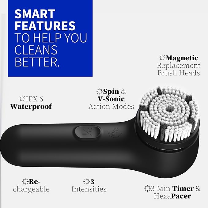 Face Scrubber, Facial Cleansing Brush, Waterproof & Rechargeable Face Scrub Brush for Men&Women, Electric Facial Exfoliator with 3 Brushes, 3 Intensities, 2 Modes with Eye Roller - Charcoal