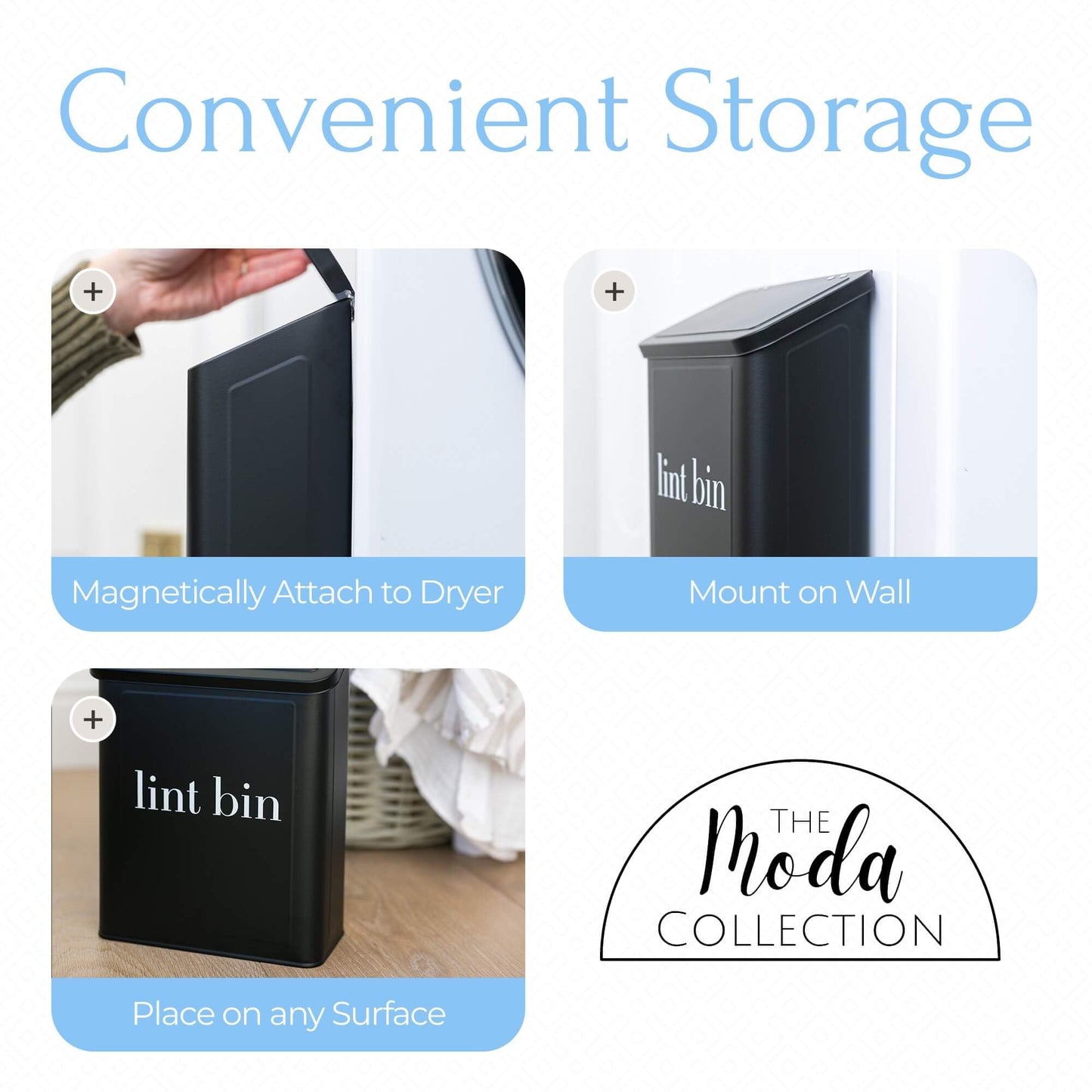 The Moda Collection Magnetic Laundry Lint Bin for Dryer | Wall-Mounted Small Trash Can for Laundry Room | Includes Magnetic Hook & Lint Brush | Space-Saving Magnetic Laundry Trash Can | Matte Black