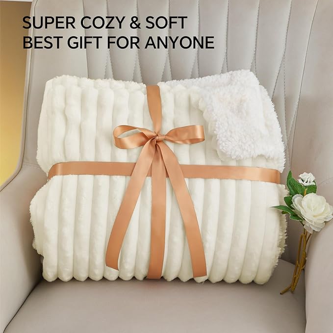 INFIIXSO Sherpa Throw Blanket for Couch - Super Soft & Warm Striped Fleece Blanket, Cozy Plush Fluffy Blanket All Season Use (Cream, 50x60 Inches)
