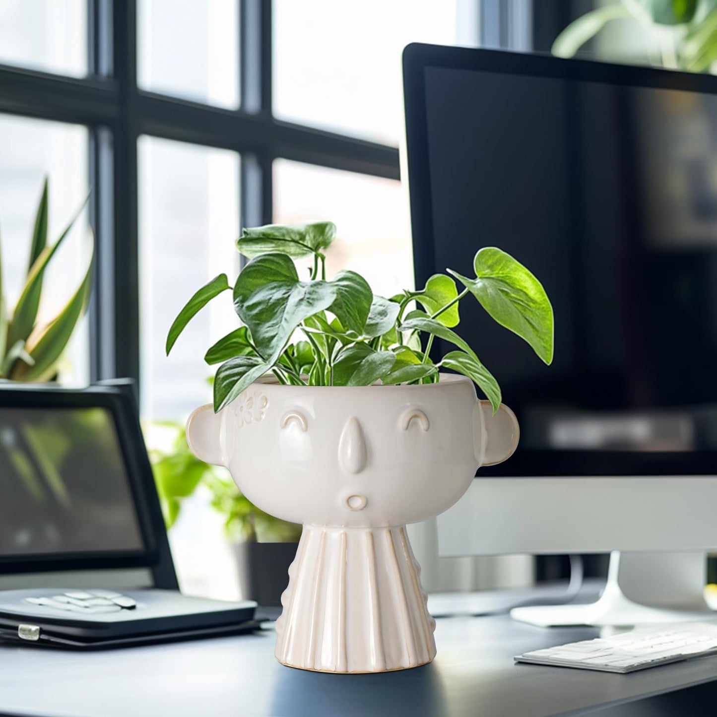 Fivepot Face Planter Pot 7 Inch - Cute Ceramic Flower Head Planter for Indoor Outdoor Succulent Pot with Drainage Hole Flower Pot Present for Mother Christmas White
