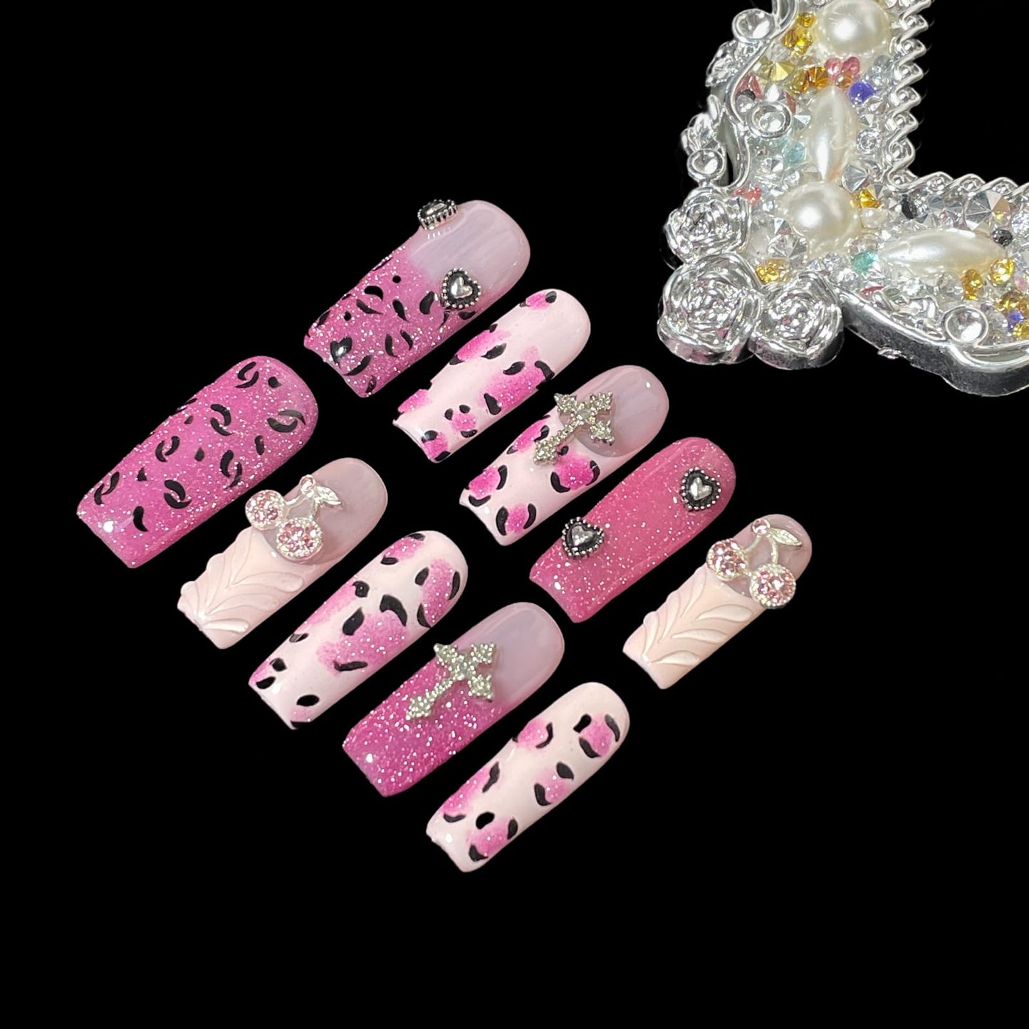 Handmade Press On Nails Pink Leopard Print Design Medium/Long Square Cherry Charms, Glitter Ombre Artificial Acrylic Thick False Nails (Sparkle, L)