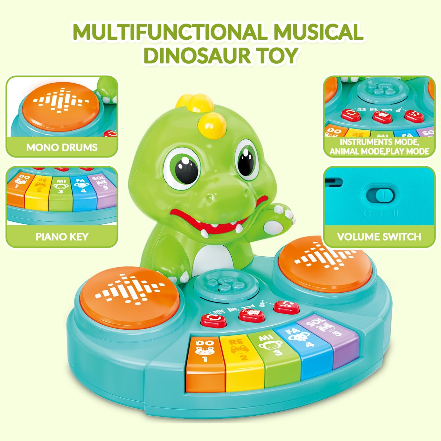 DPDos Dinosaur Baby Piano Toy with Animal Sounds, Light Up Educational Keyboard, Interactive Musical Toys for Babies 6-12 Months and Toddlers