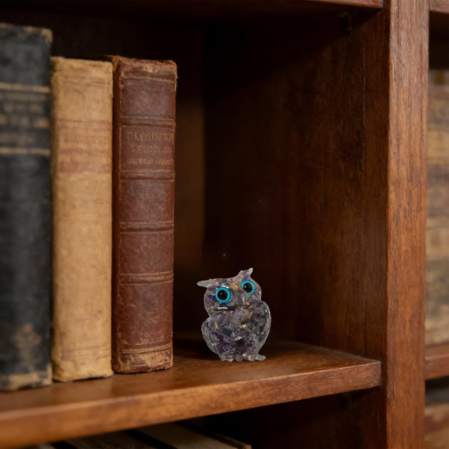 PinpinPony Owl Statue, Natural Gemstones Decor for Home Office, Shelf Display Figurine, Handcrafted Unique Owl Sculpture(Purple)