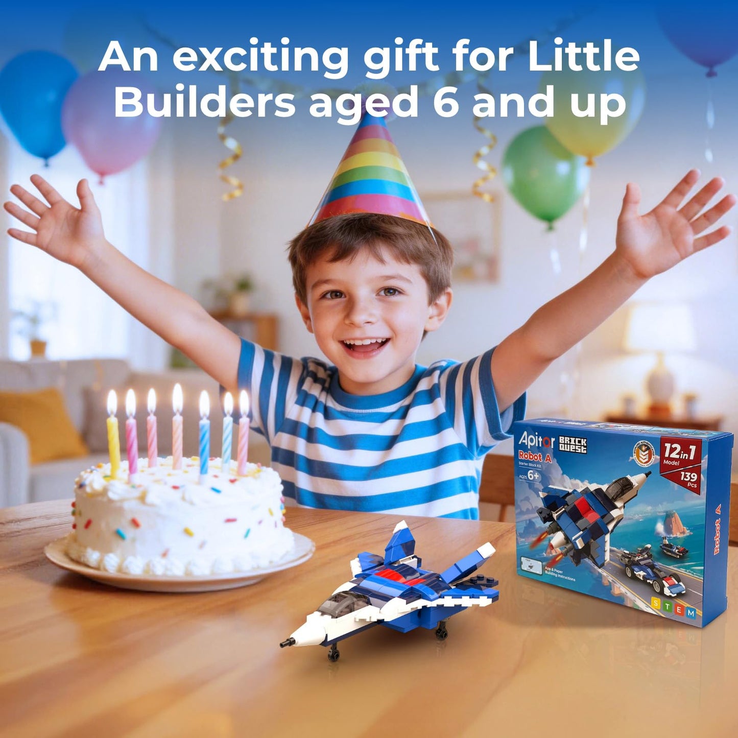 Apitor 12-in-1 STEM Building Blocks Kit for Kids Ages 4-8 | 139 Pcs Creative Construction Toy with Digital App & Paper Manual | Fighter Jet Model Build Robot DIY Activity Toy for Ages 6+ Years