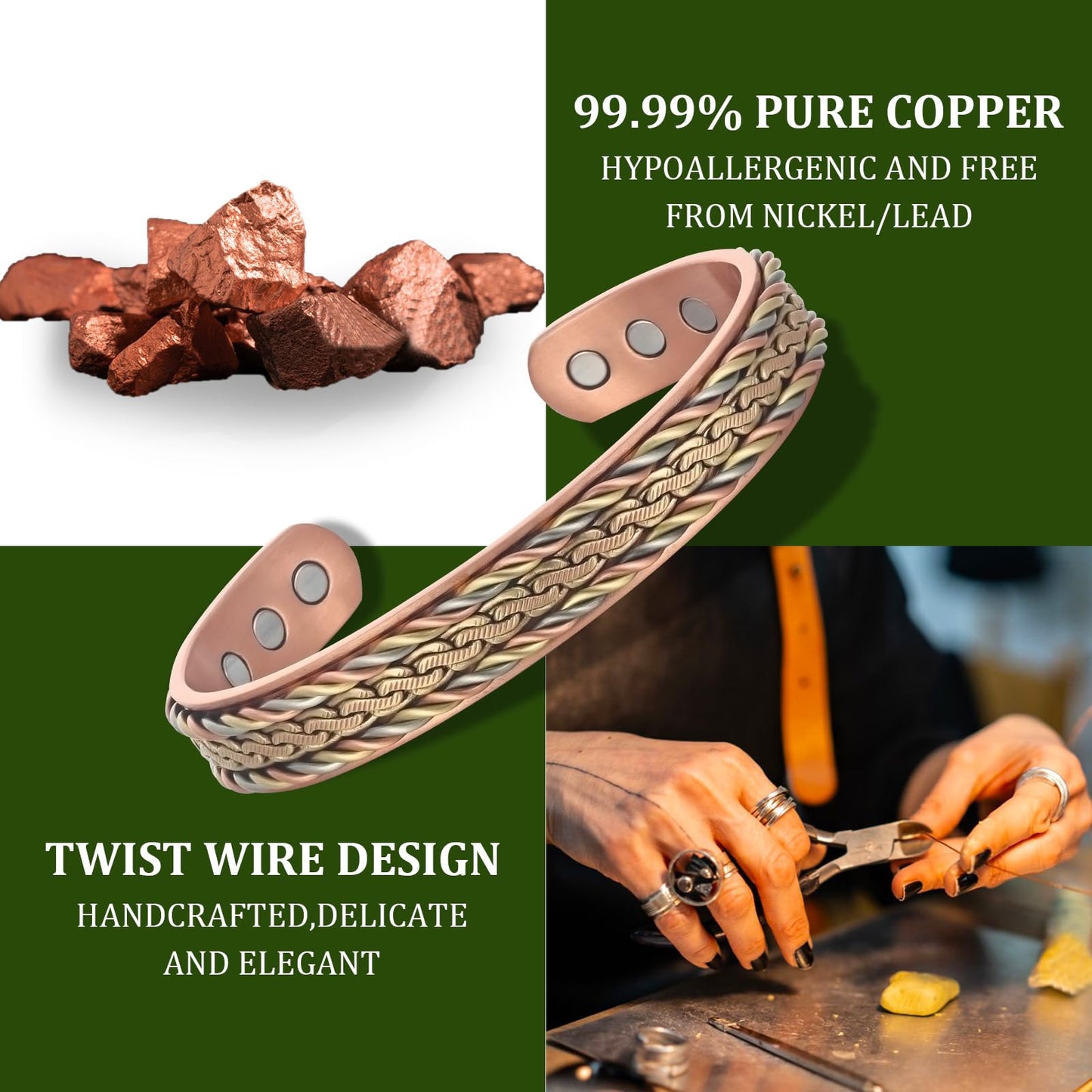 MagEnergy Handcrafted Copper Bracelets for Women, Magnetic Copper Cuff Bracelet with Triple Color Twisted Wire, Adjustable Bangle & Healthy Jewelry Gift