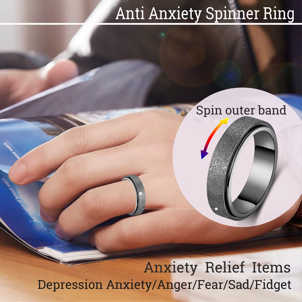 Anxiety Ring for Women Fidget Spinner Ring Fidget Toys Adults Titanium Stainless Steel Thumb Ring 6mm Wide Black Size 10