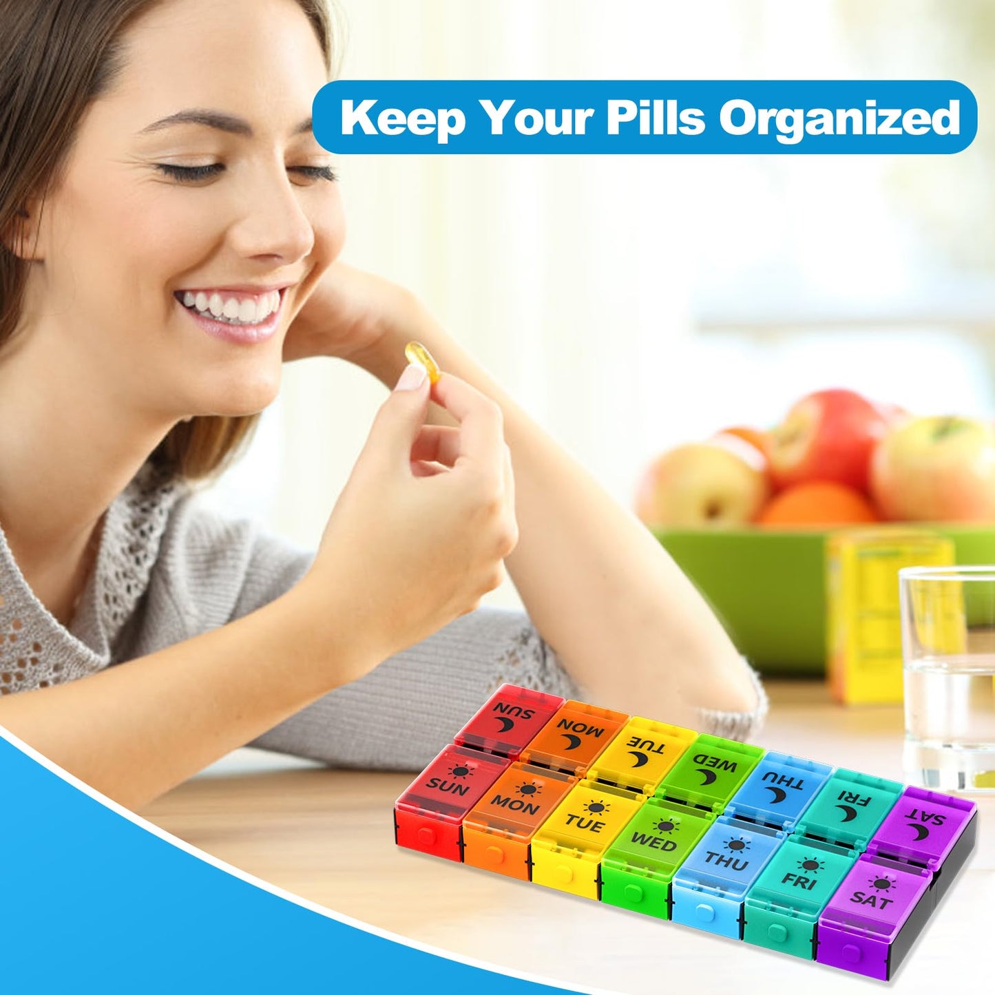 Push Button Weekly Pill Organizer 2 Times a Day, Medicine Pill Organizer, Pill Box Case 7 Day AM PM, Pill Container for Vitamins, Fish Oil, Supplements Medication (Colorful)
