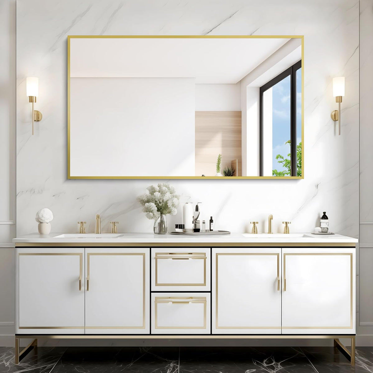 Gold Bathroom Mirror for Wall, 30x48 Inch Rectangle Mirrors with Metal Frame, Modern Vanity Wall Mirror Decor for Bathroom Living Room, Entryway Hangs Horizontal or Vertical