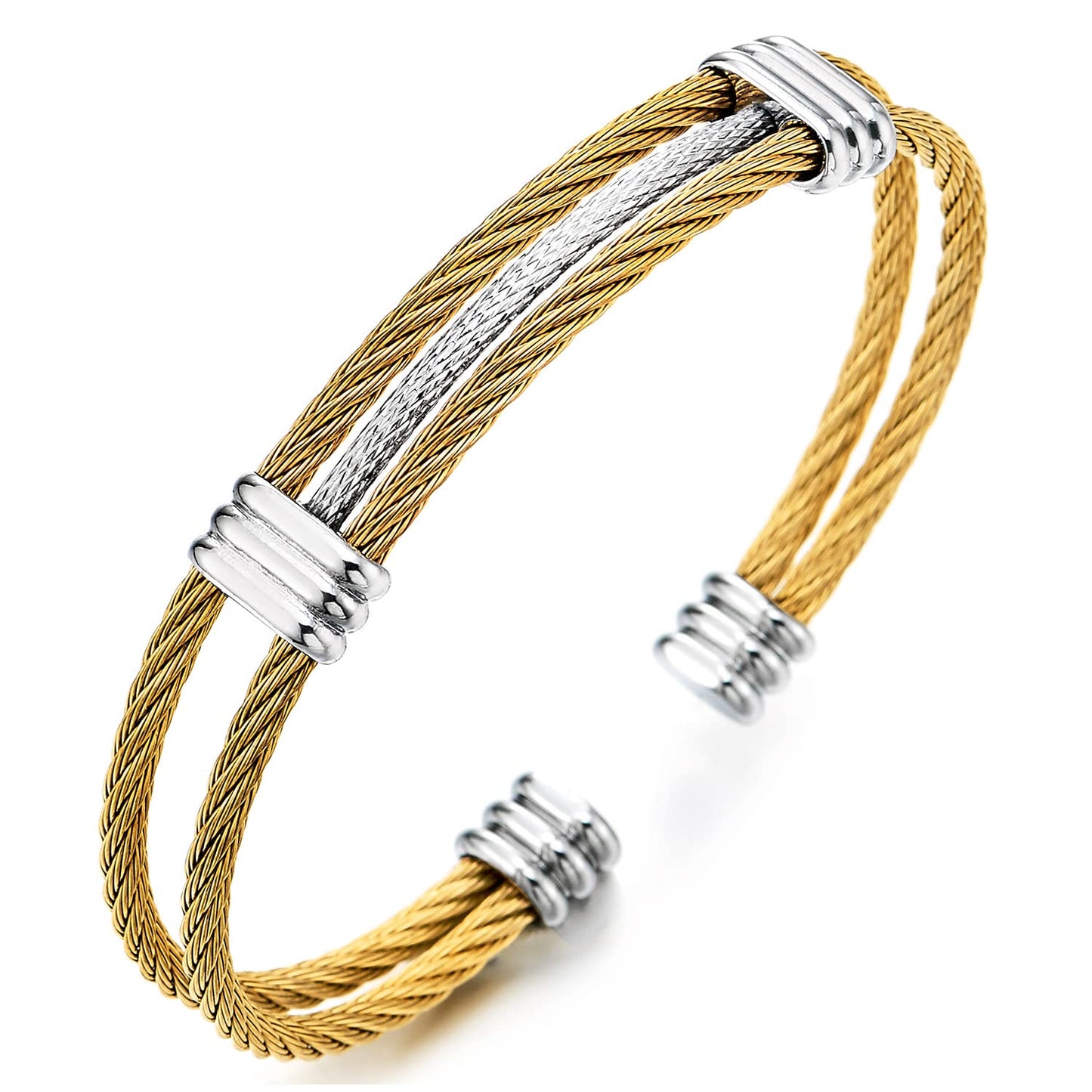 COOLSTEELANDBEYOND Men Women Stainless Steel Twisted Cable Adjustable Cuff Bangle Bracelet Silver Gold Two Tone