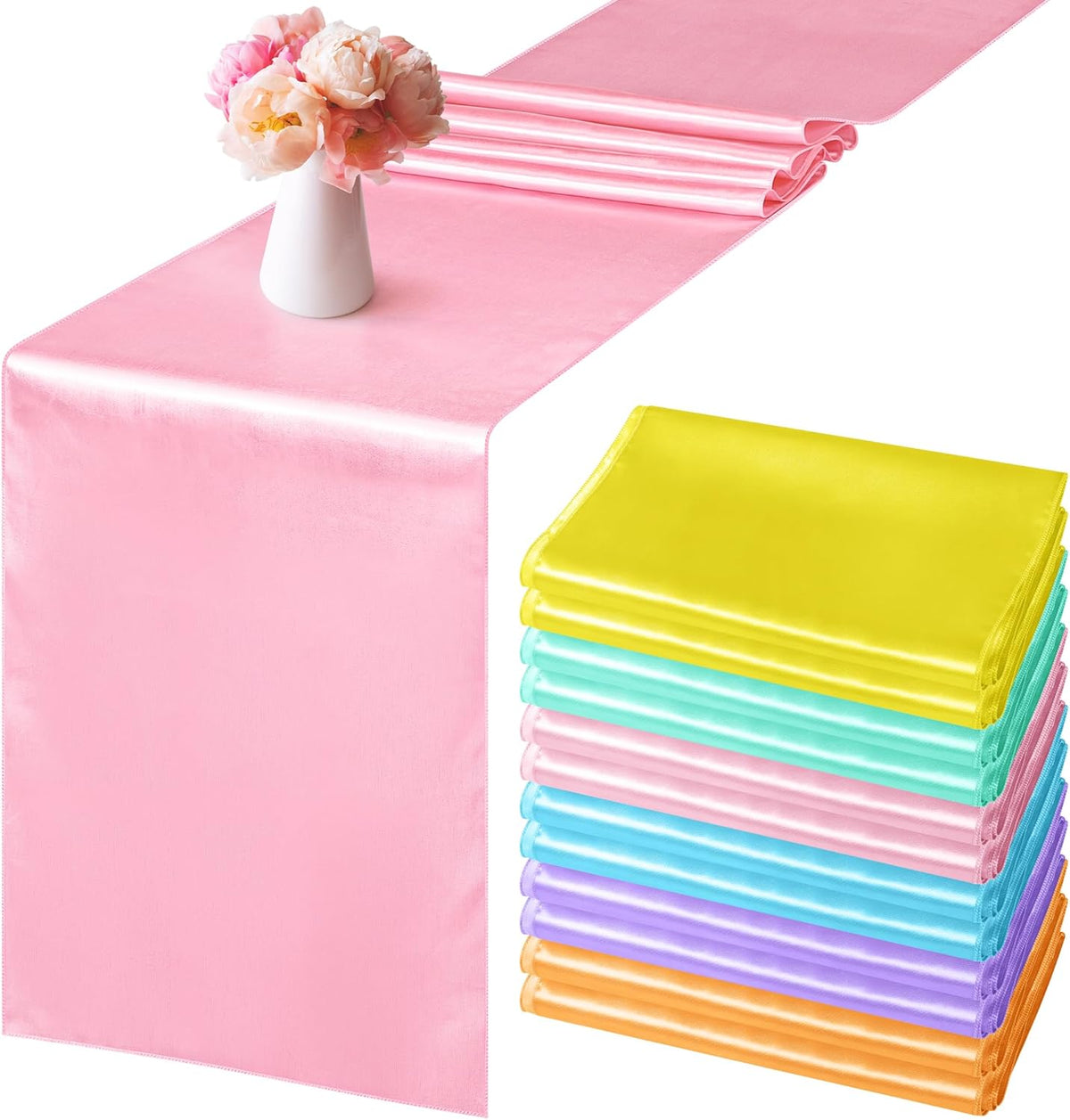 Aneco 12 Pack Satin Table Runner 12 x 108 Inch Pastel Rainbow Long Wedding Satin Silk Table Runner for Wedding Banquet Graduations Birthday Party Decoration