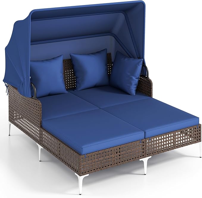 Tangkula Outdoor Rattan Daybed with Retractable Canopy, Boho Patio Wicker Sunbed with Metal Support, Pillows & Cushions, Outdoor Double Chaise Lounge with Shade for Backyard, Poolside, Deck & Balcony