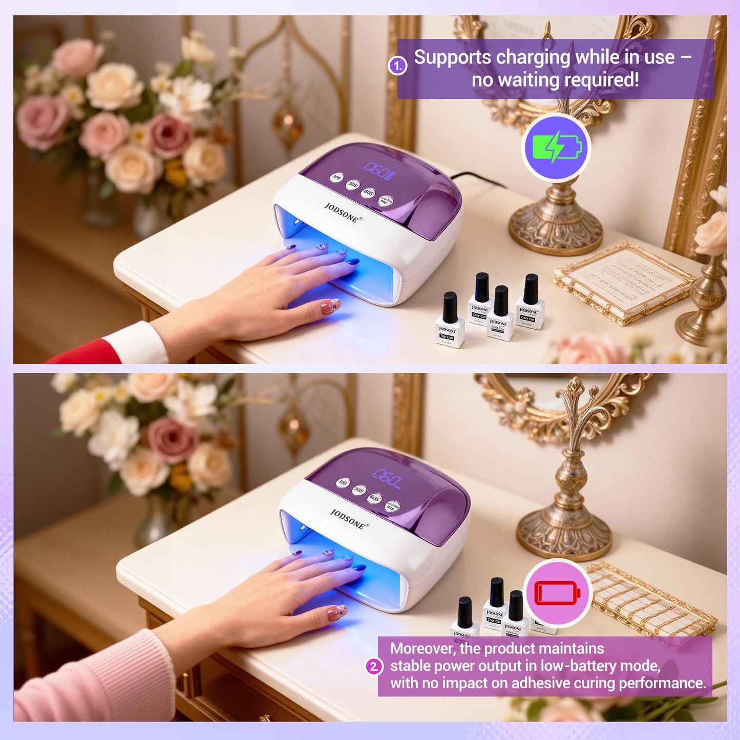 JODSONE Cordless LED Nail Lamp Rechargeable Portable with 4 Timers LCD Display Screen Nail Dryer Cure Light Suitable for Home and Salon﻿