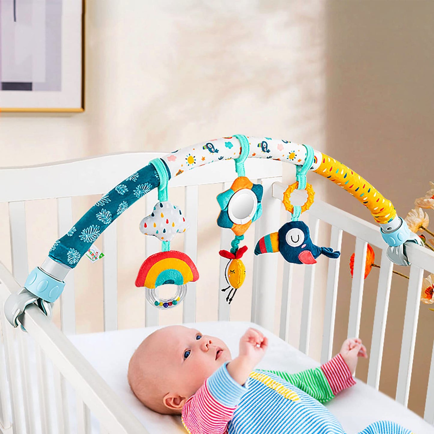 Caterbee Baby Bouncer Toy bar, Stroller & Crib Accessory, Pram Activity Bar Toy Travel Arch Bassinet Toys for Toddlers (Sky)