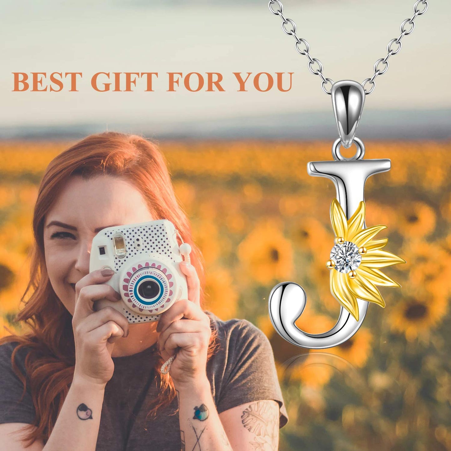 POPLYKE Sterling Silver Initial Alphabet Letter Script Name Pendant Chain Necklace for Women for (Sunflower J)