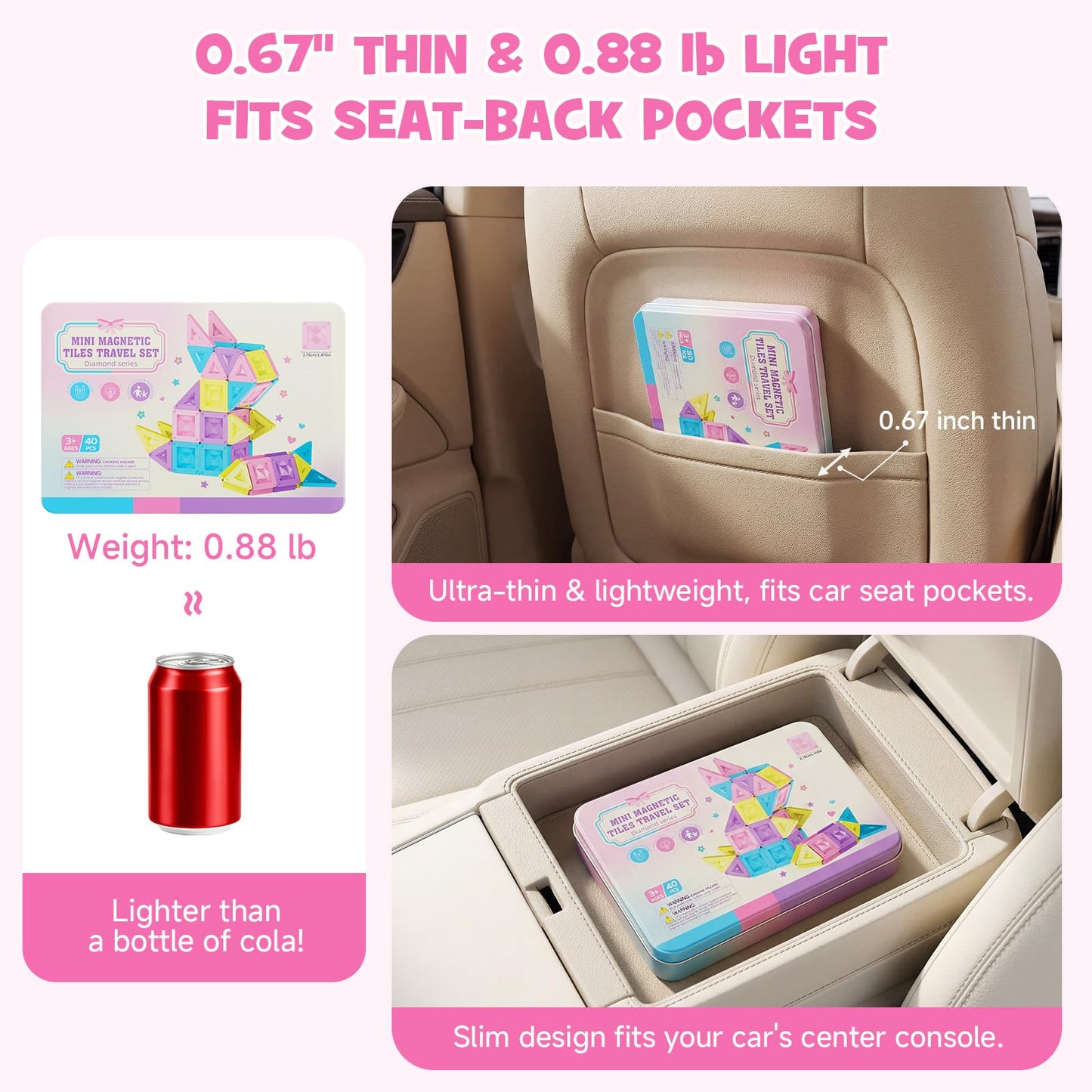 burgkidz Mini Magnetic Tiles Girls Travel Toy- 40 PCS Macaron Magnet Blocks with Pink Tin Box - 120 Mins Quiet Play for Airplane Car Essentials, Present for Girls Ages 3-8 Year Old
