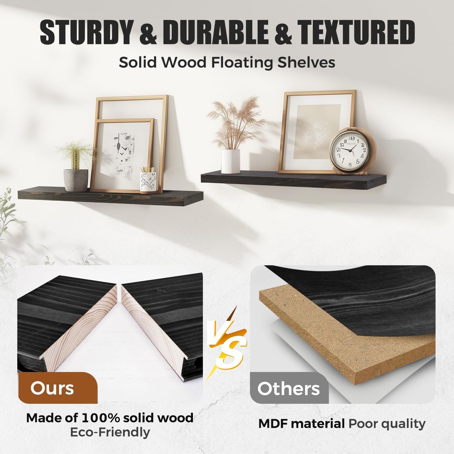 ABSWHLM 24"x6.8"x1.2" Solid Wood Floating Shelves 2-Pack - Rustic Black Finish with Hidden Brackets, Perfect for Storage and Décor in Living Room, Kitchen, Bedroom